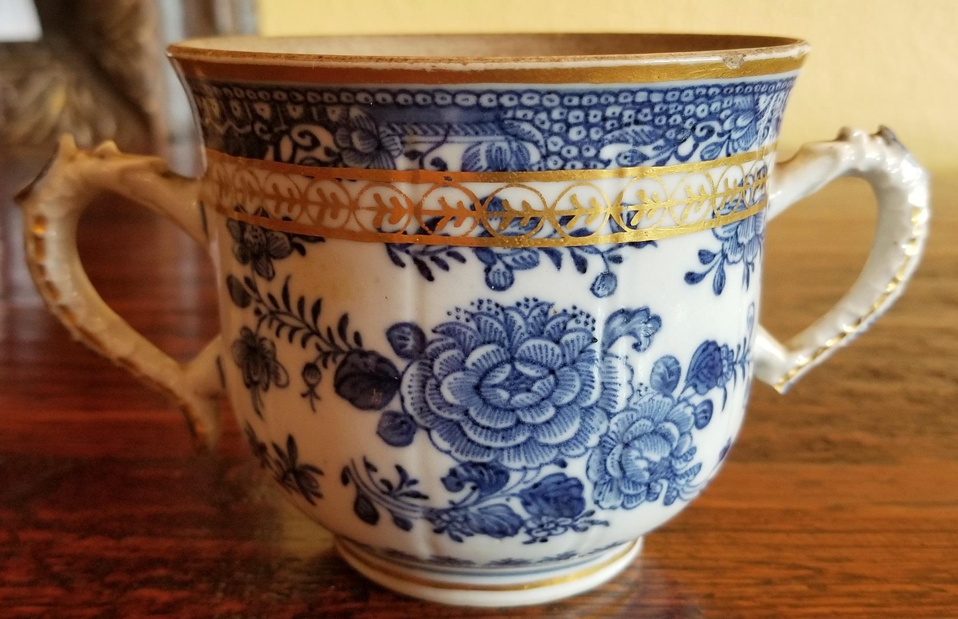 Gold 18th Century Continental 2 Handled Blue and White Mug with Gilding