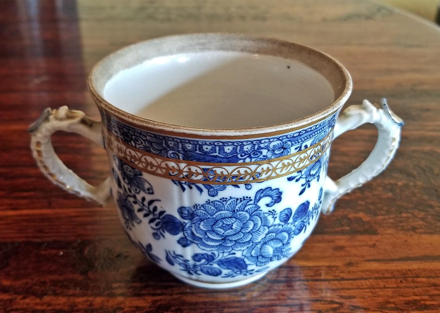 18th Century Continental 2 Handled Blue and White Mug with Gilding 2