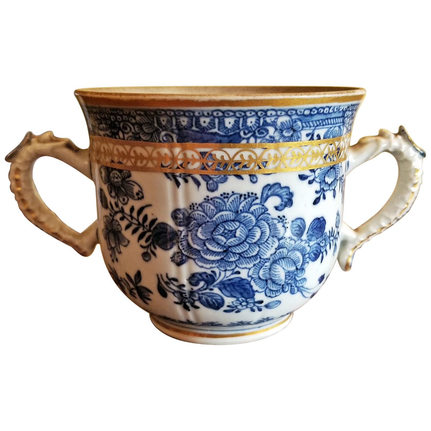 18th Century Continental 2 Handled Blue and White Mug with Gilding