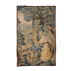 18th Century Continental Aubusson Tapestry with Figures & Dogs in Forest Scene