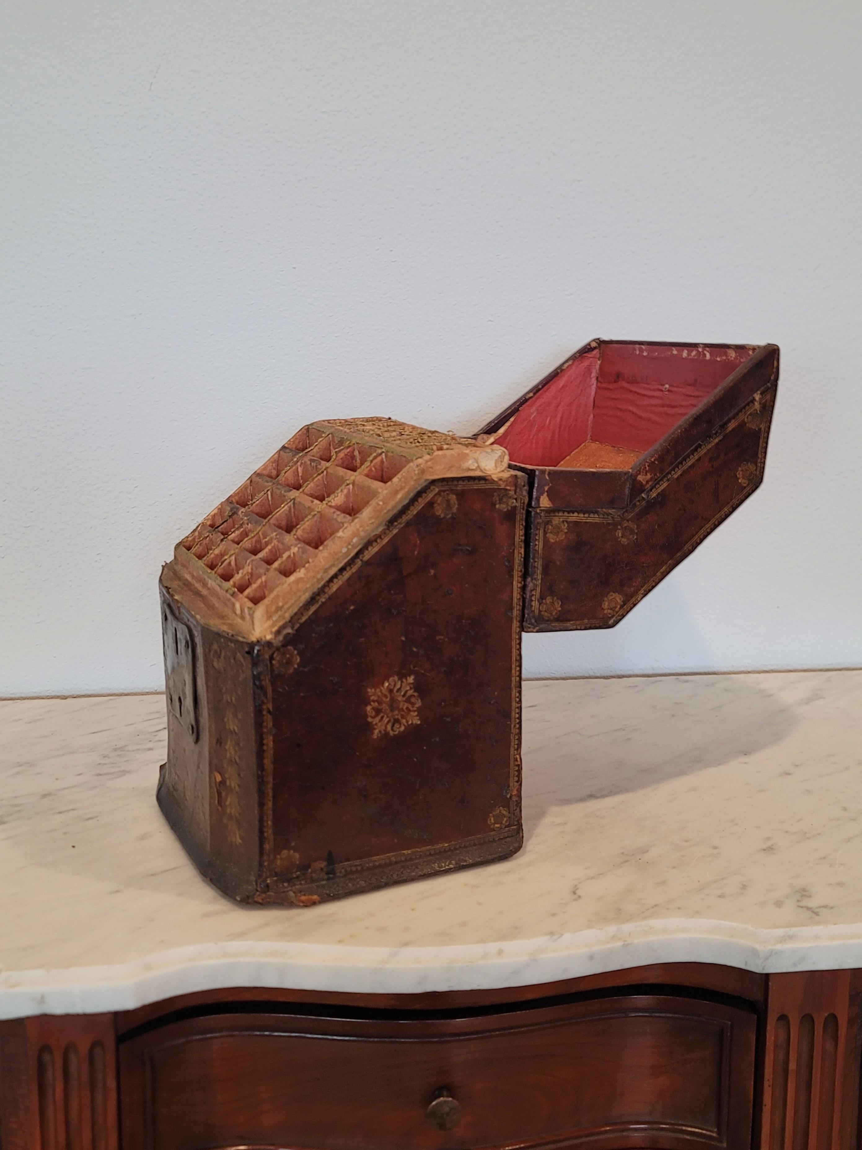 18th Century and Earlier 18th Century Continental Baroque Period Gilt Tooled Leather Clad Knife Box For Sale