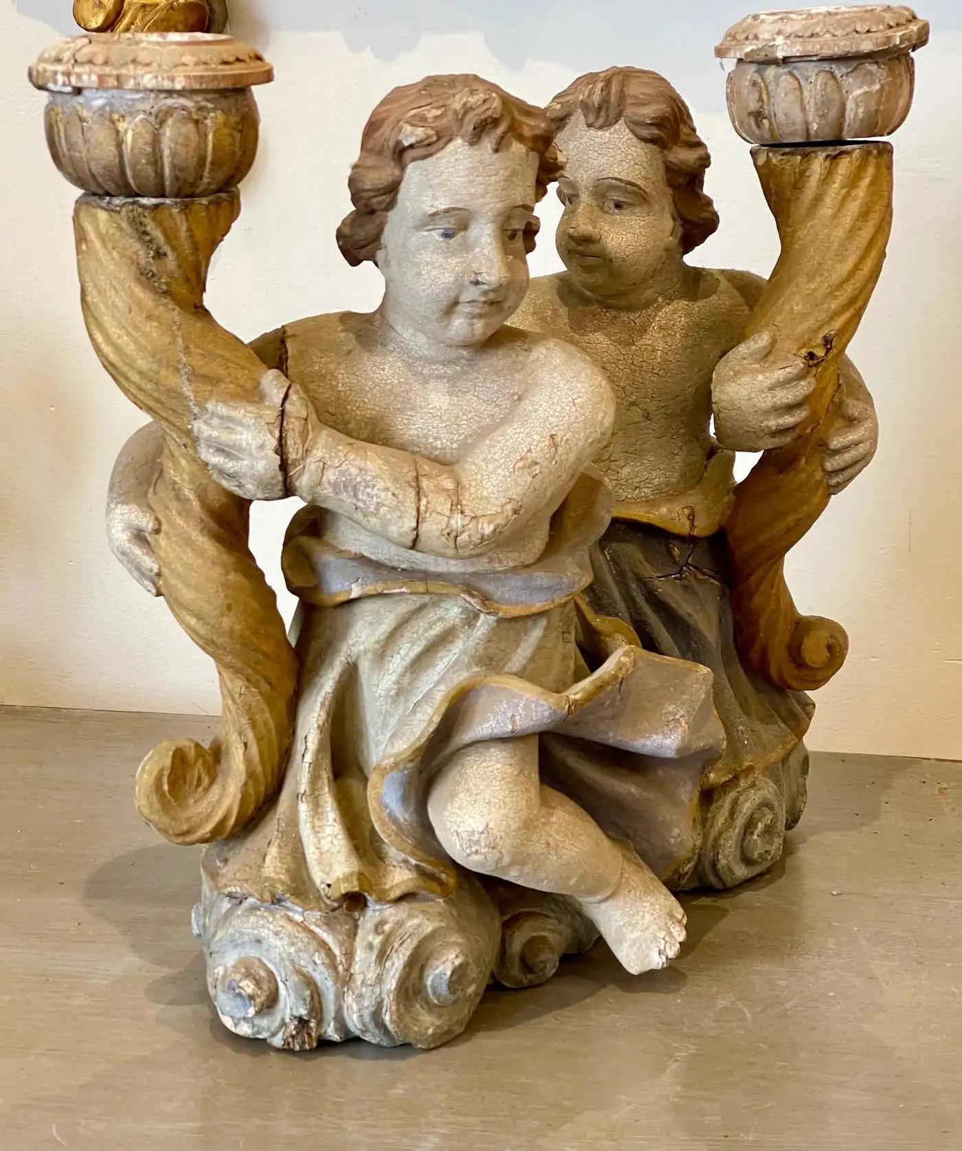 18th Century Continental Carved & Polychrome Cherub Candle Holders In Good Condition For Sale In Charlottesville, VA