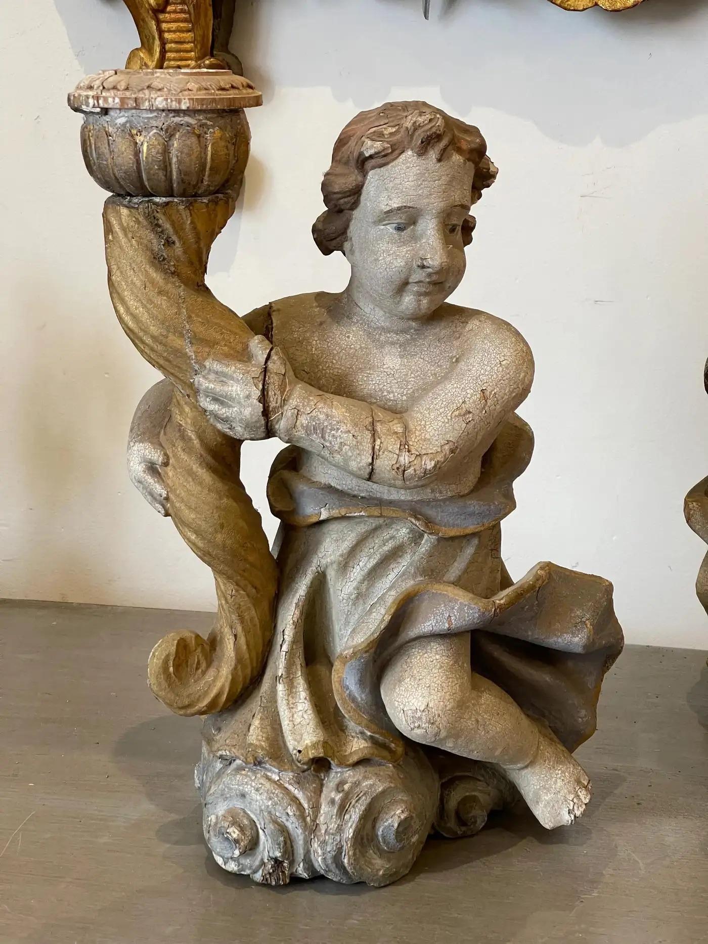 18th Century and Earlier 18th Century Continental Carved & Polychrome Cherub Candle Holders For Sale