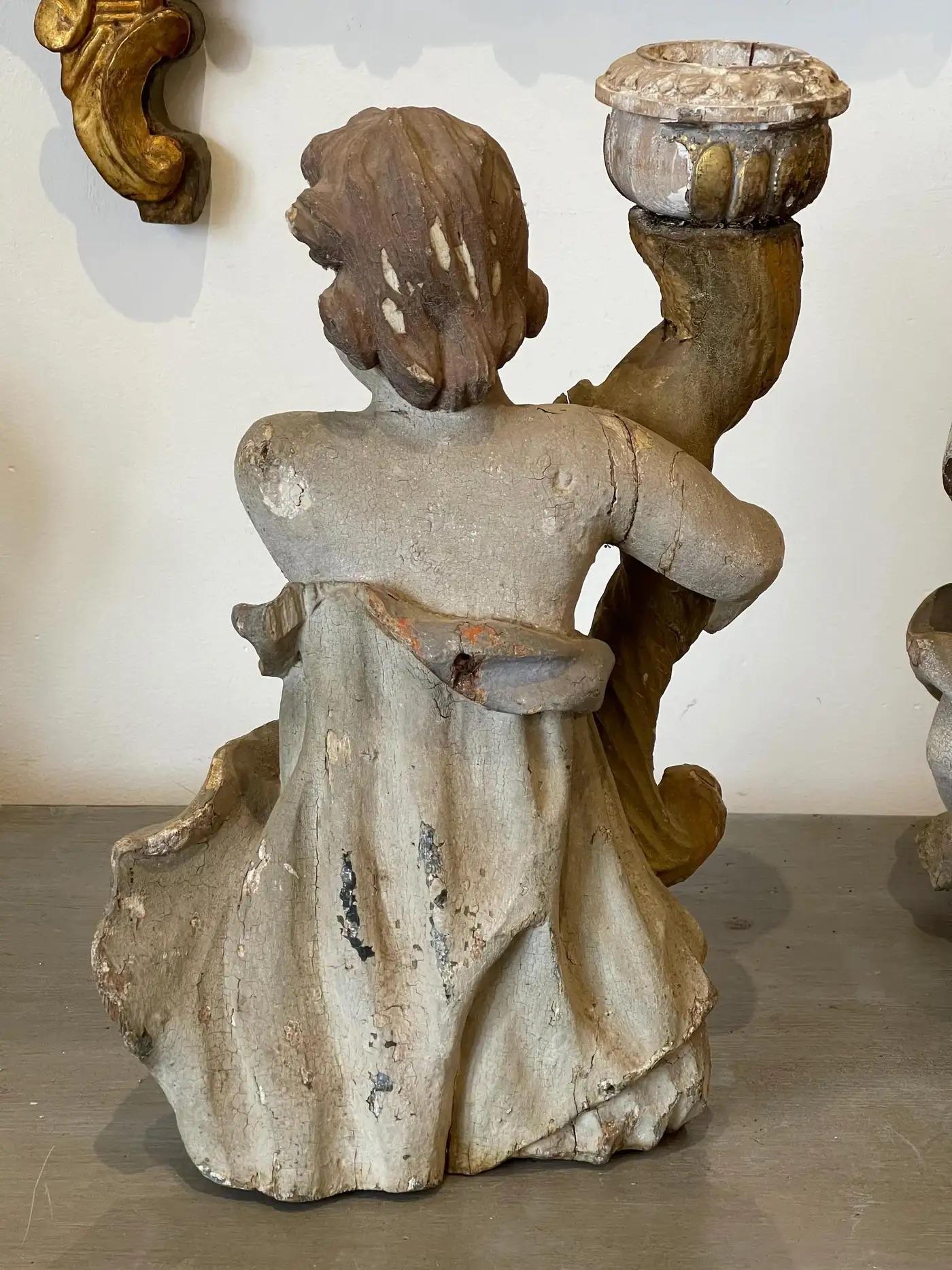 Paint 18th Century Continental Carved & Polychrome Cherub Candle Holders For Sale