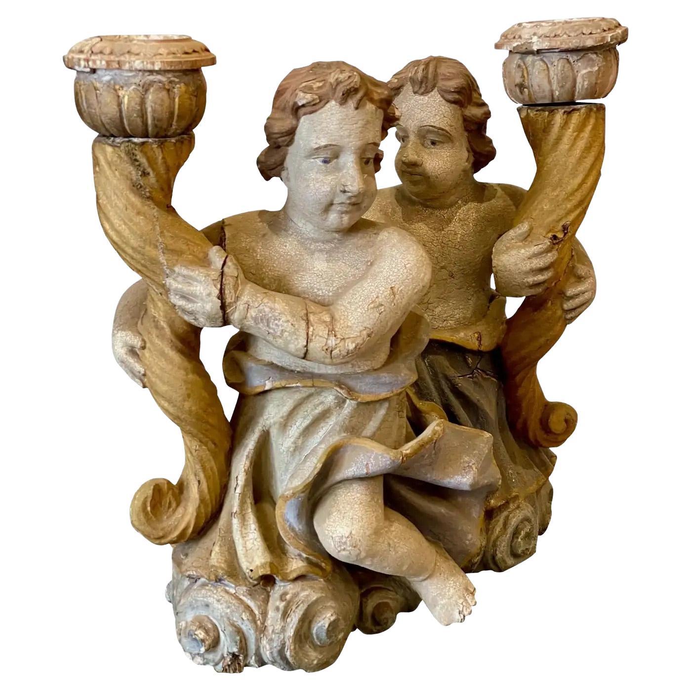 18th Century Continental Carved & Polychrome Cherub Candle Holders For Sale