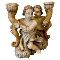 Antique 18th Century Continental Carved & Polychrome Cherub Candle Holders
