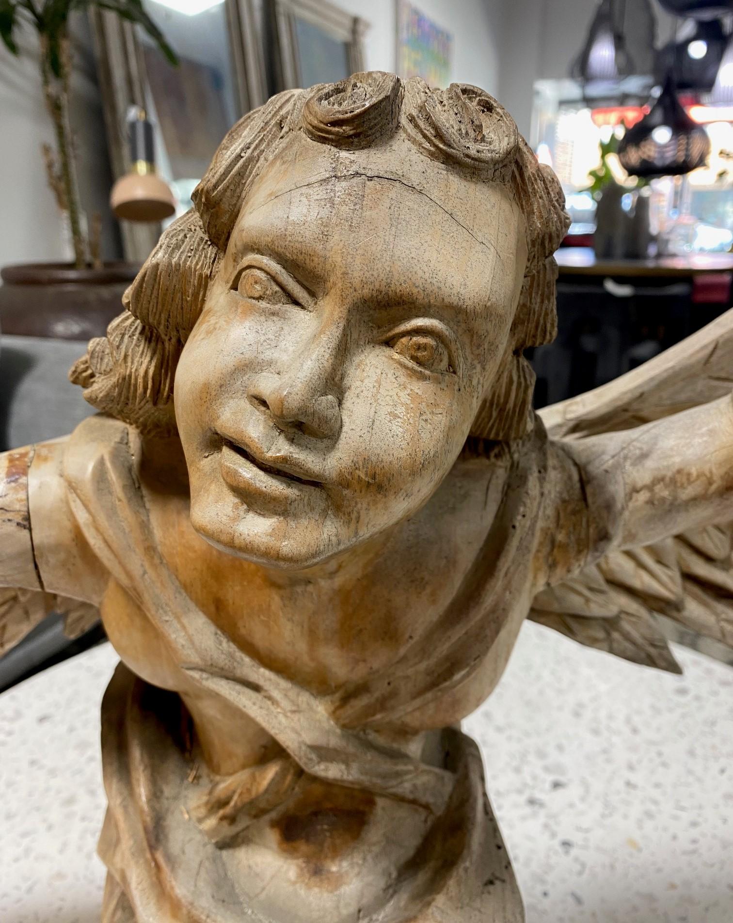 Hand-Carved 18th Century Continental Italian Baroque Wood Carved Kneeling Angel Sculpture For Sale