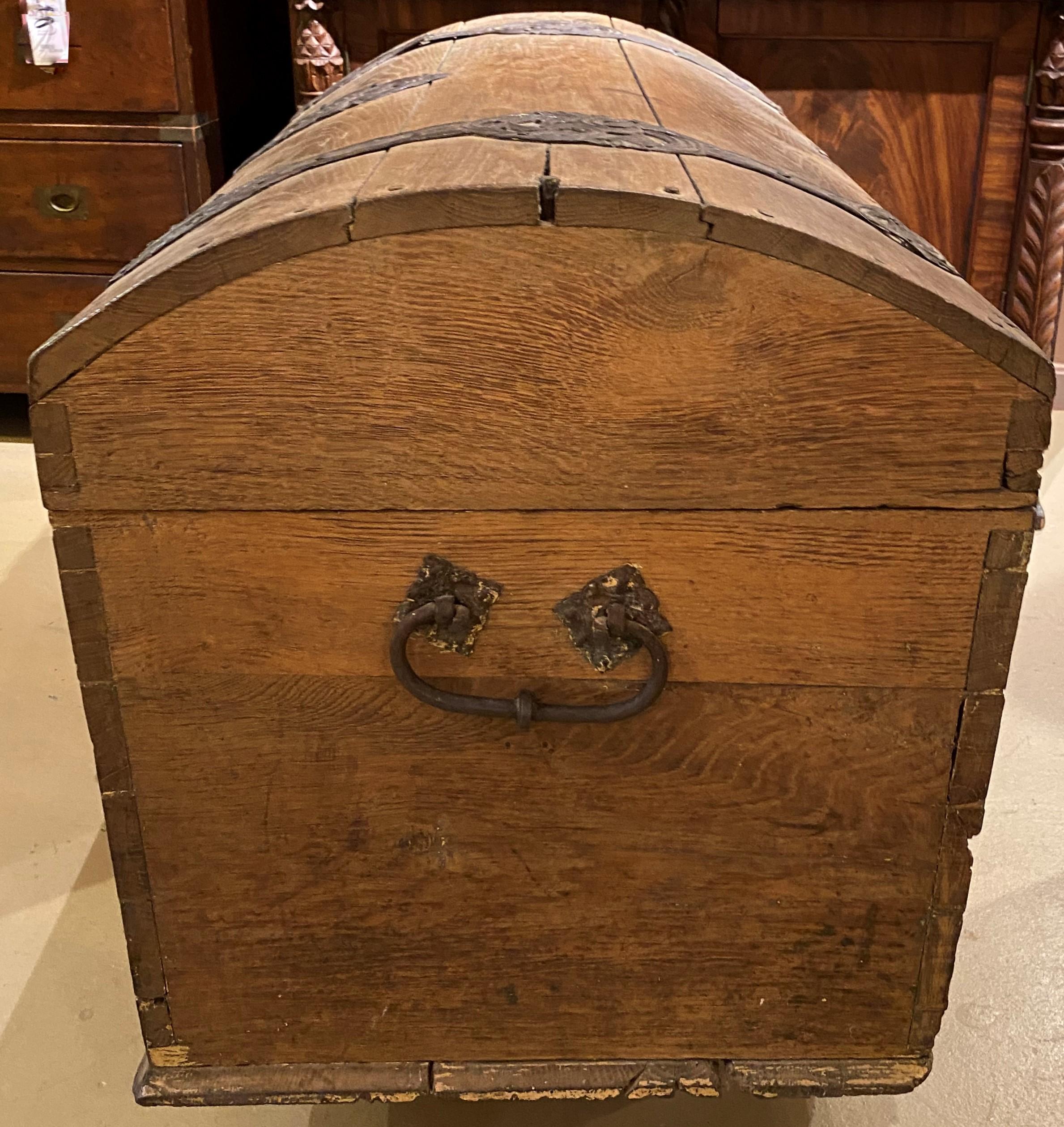 Hand-Carved 18th Century Continental Oak Dome Top Trunk with Fabulous Metalwork