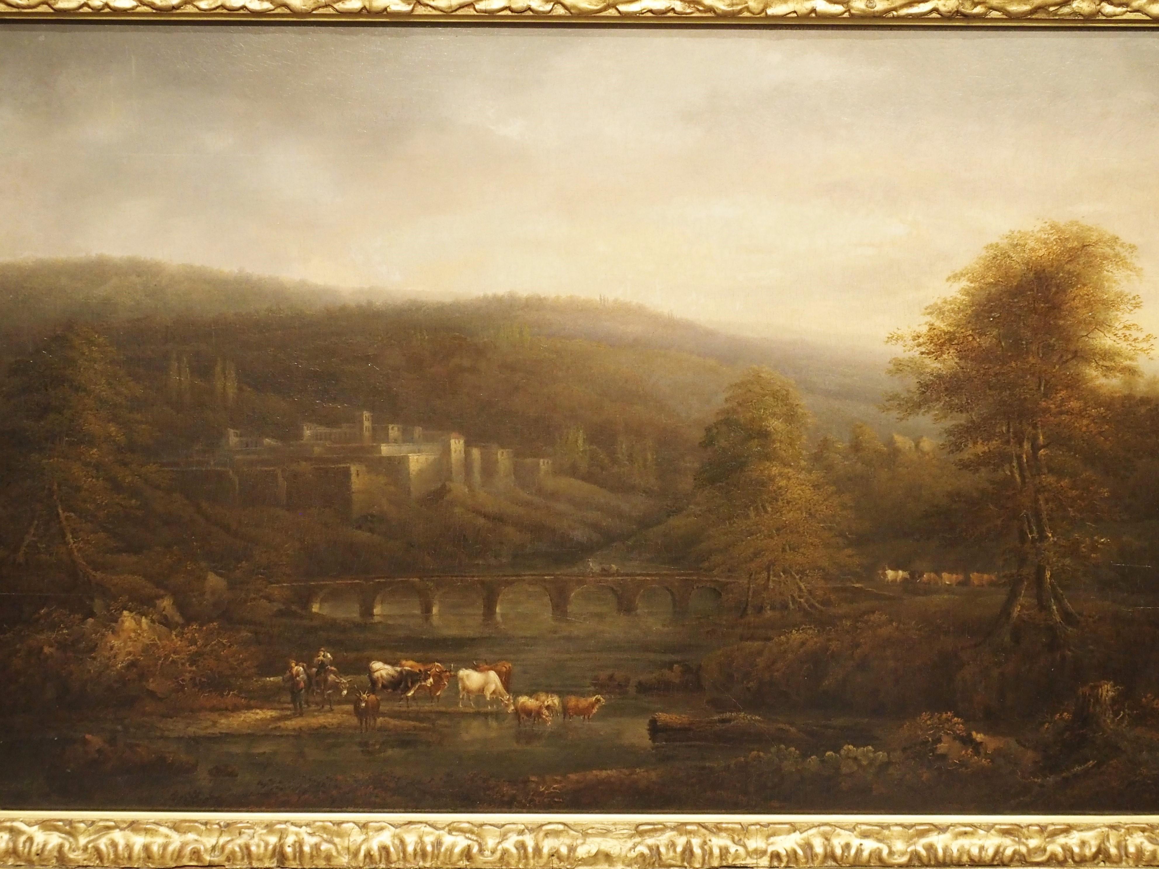 Gilt 18th Century Continental Oil on Board Landscape Painting