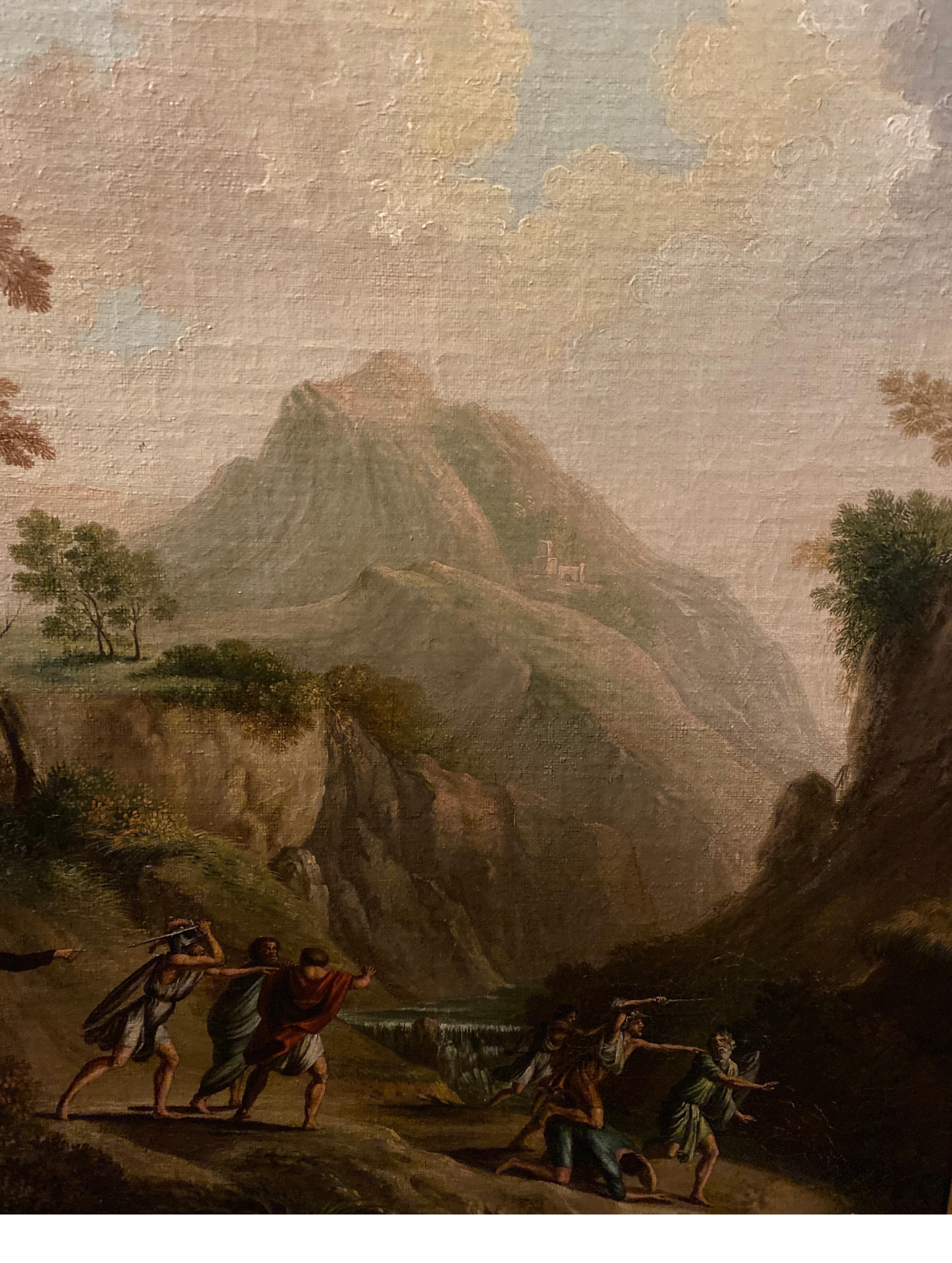 Óleo original continental del siglo XVIII de una escena bíblica Pintado a mano en venta