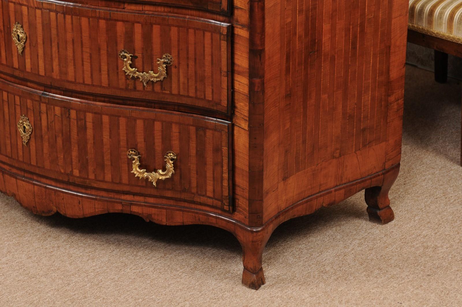 18th Century and Earlier  18th Century Continental Parquetry Inlaid Commode with Serpentine Front For Sale