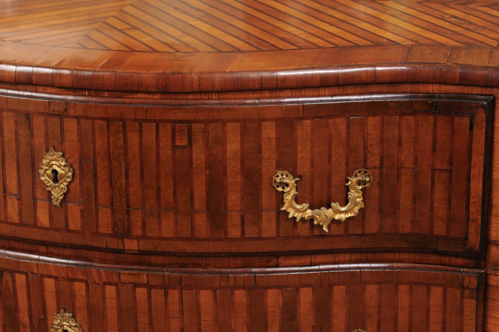 Fruitwood  18th Century Continental Parquetry Inlaid Commode with Serpentine Front For Sale