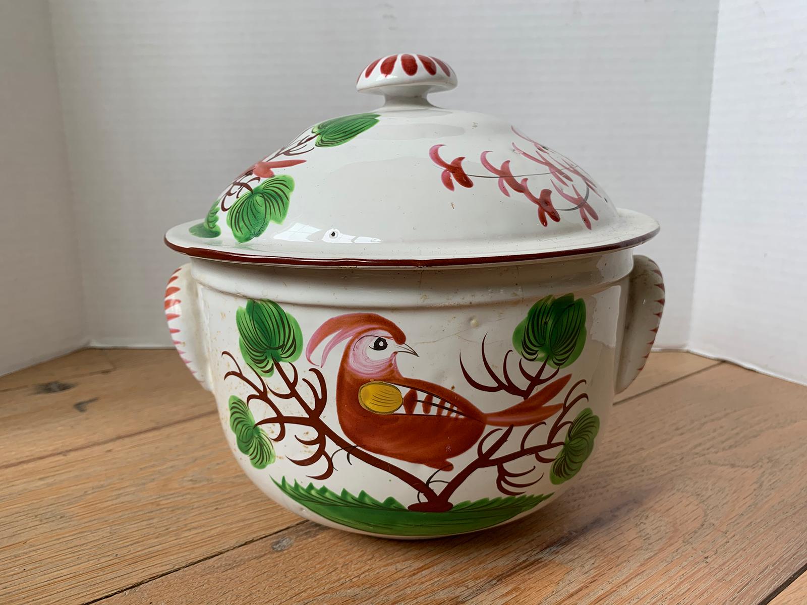 18th century continental porcelain lidded pot with bird, unmarked.