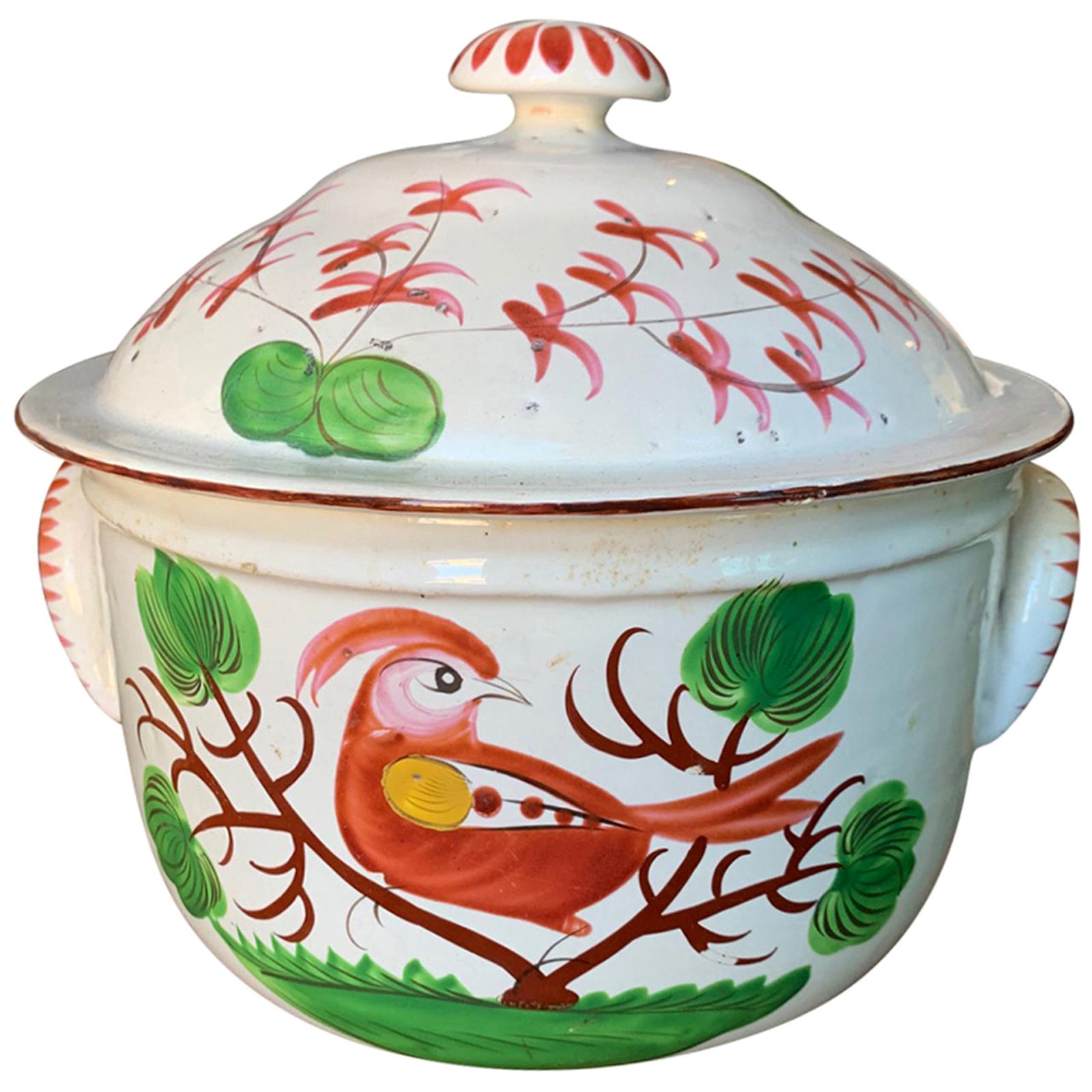 18th Century Continental Porcelain Lidded Pot with Bird, Unmarked