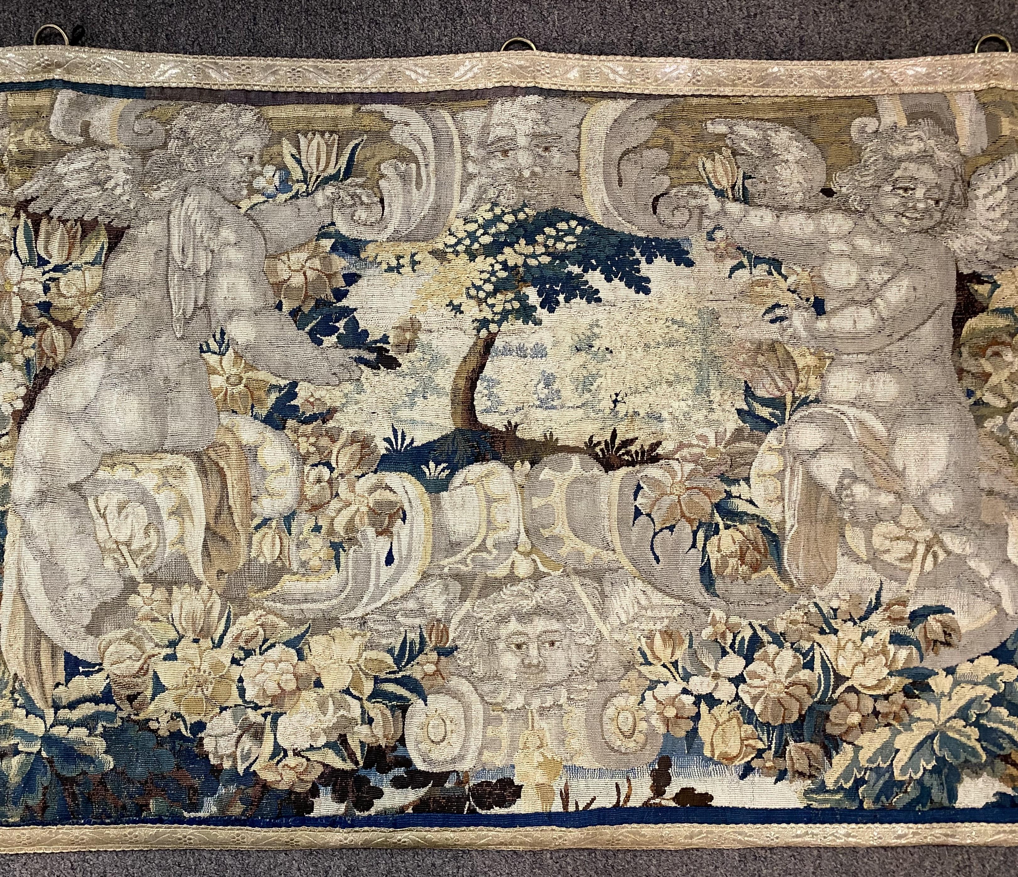 Baroque 18th Century Continental Tapestry Fragment with Putti or Angels and Cartouche For Sale