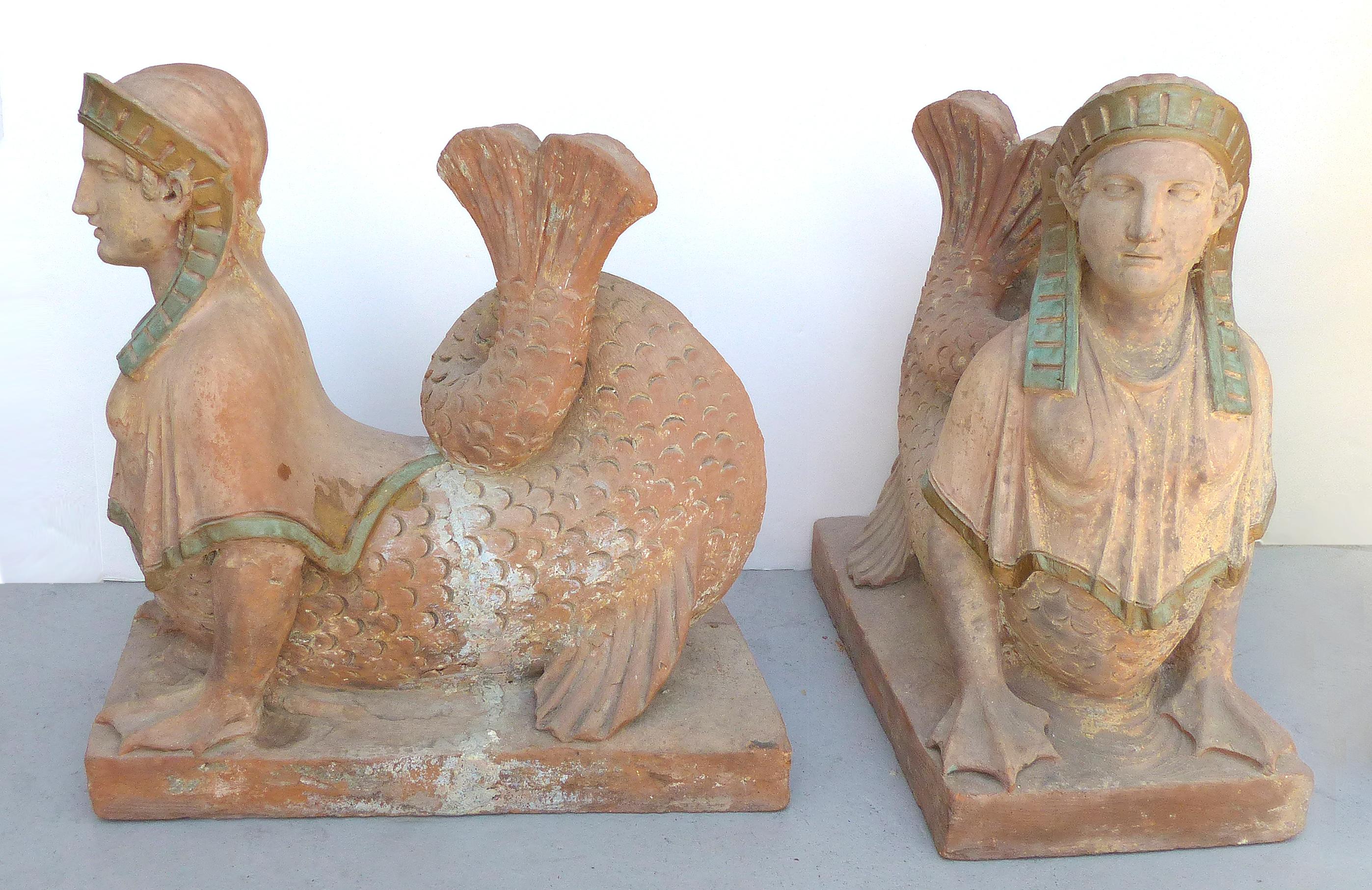 Polychromed 18th Century Continental Terracotta Egyptian Revival Sphinxes, a Matched Pair For Sale