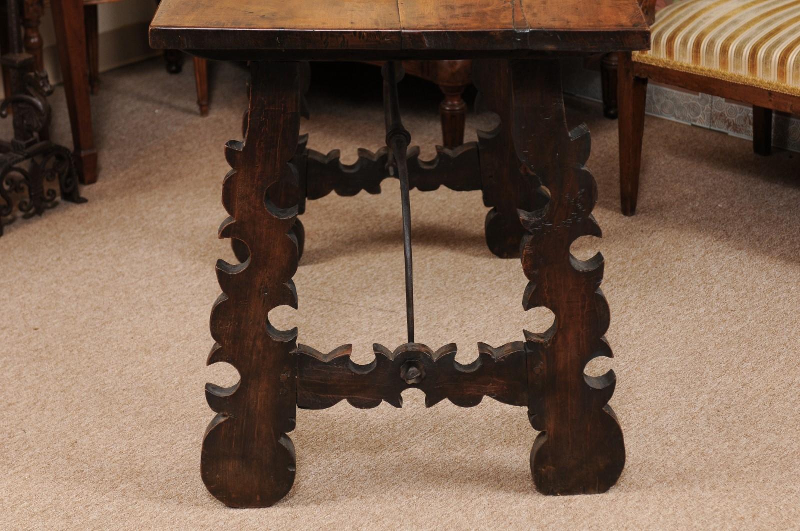 18th Century Continental Walnut Table with Lyre-Form Legs & Iron Stretcher For Sale 6