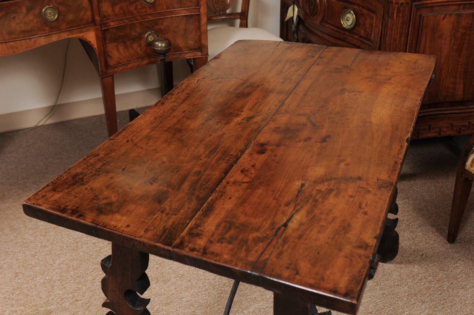 18th Century Continental Walnut Table with Lyre-Form Legs & Iron Stretcher For Sale 7