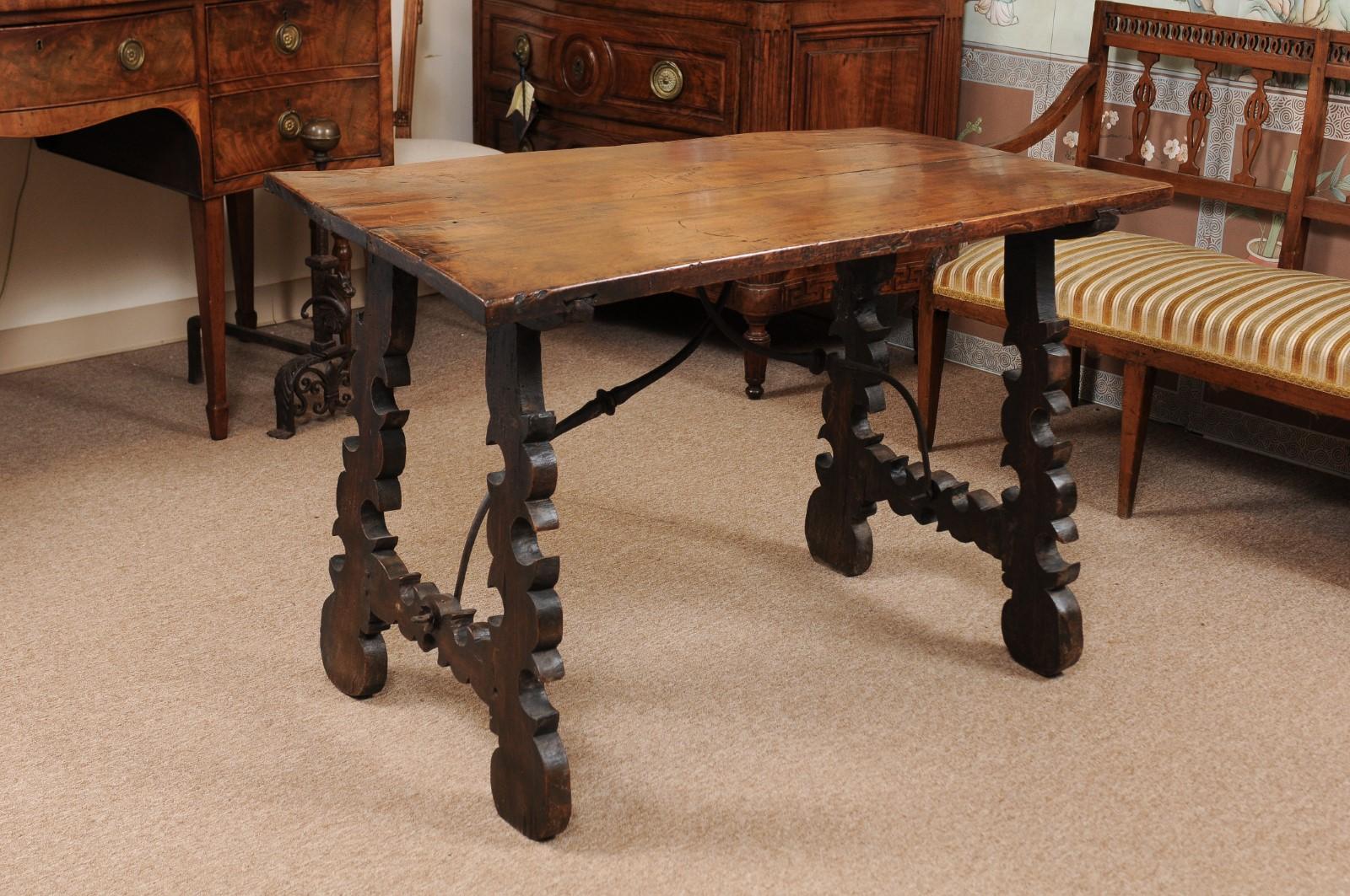 18th Century Continental Walnut Table with Lyre-Form Legs & Iron Stretcher For Sale 8
