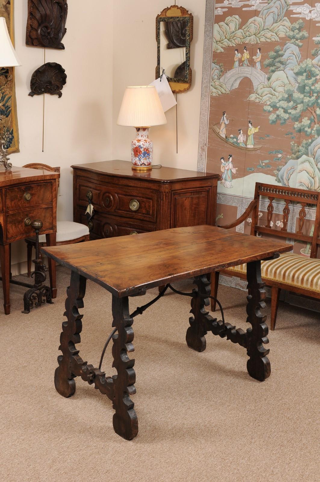 18th Century Continental Walnut table with Lyre-Form Legs & Iron stretcher.