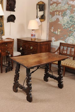 18th Century Continental Walnut Table with Lyre-Form Legs & Iron Stretcher