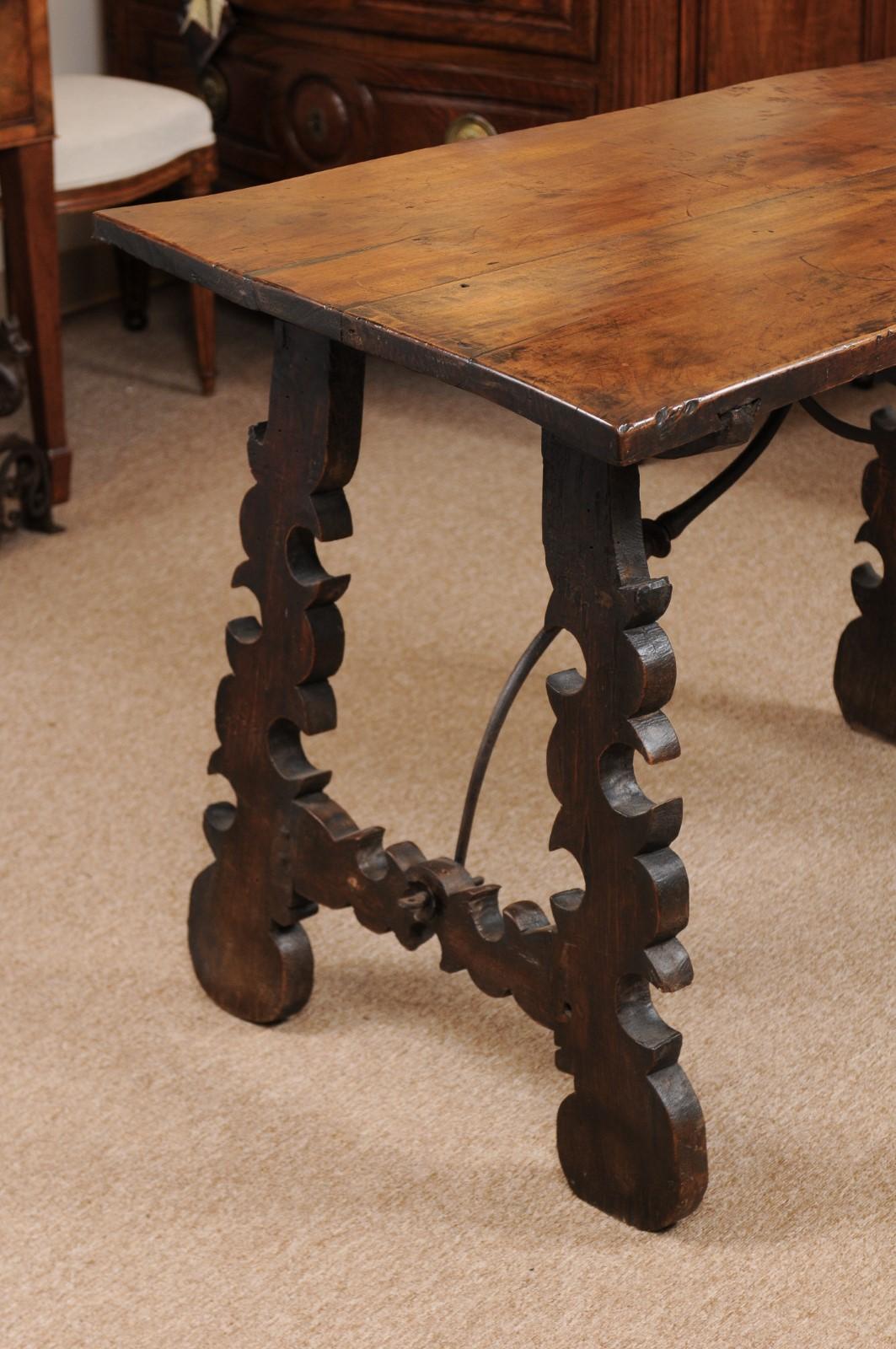European 18th Century Continental Walnut Table with Lyre-Form Legs & Iron Stretcher For Sale