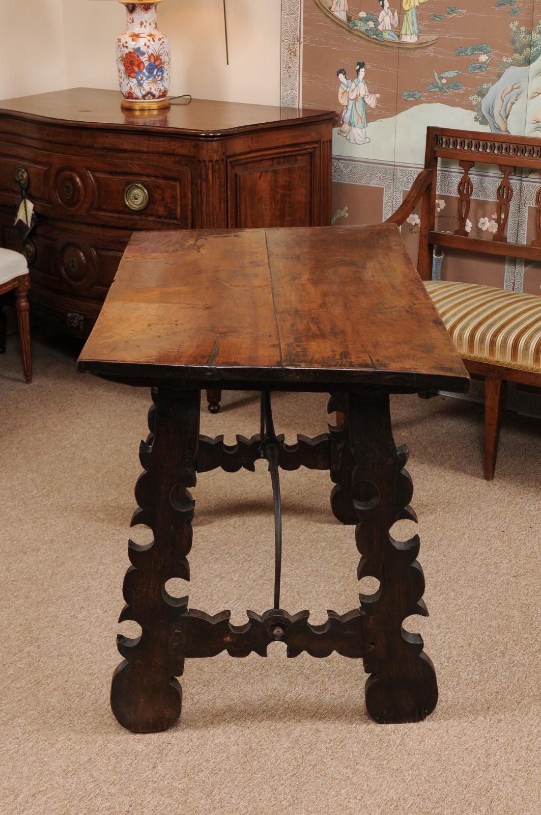 18th Century and Earlier 18th Century Continental Walnut Table with Lyre-Form Legs & Iron Stretcher For Sale