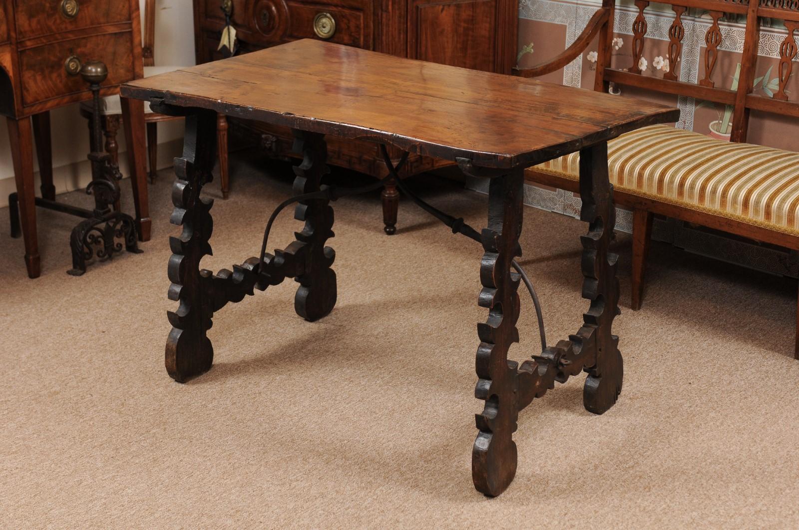 18th Century Continental Walnut Table with Lyre-Form Legs & Iron Stretcher For Sale 1