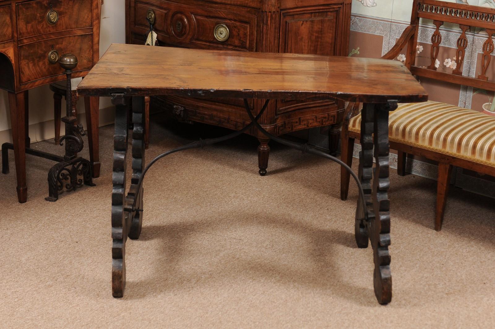 18th Century Continental Walnut Table with Lyre-Form Legs & Iron Stretcher For Sale 2