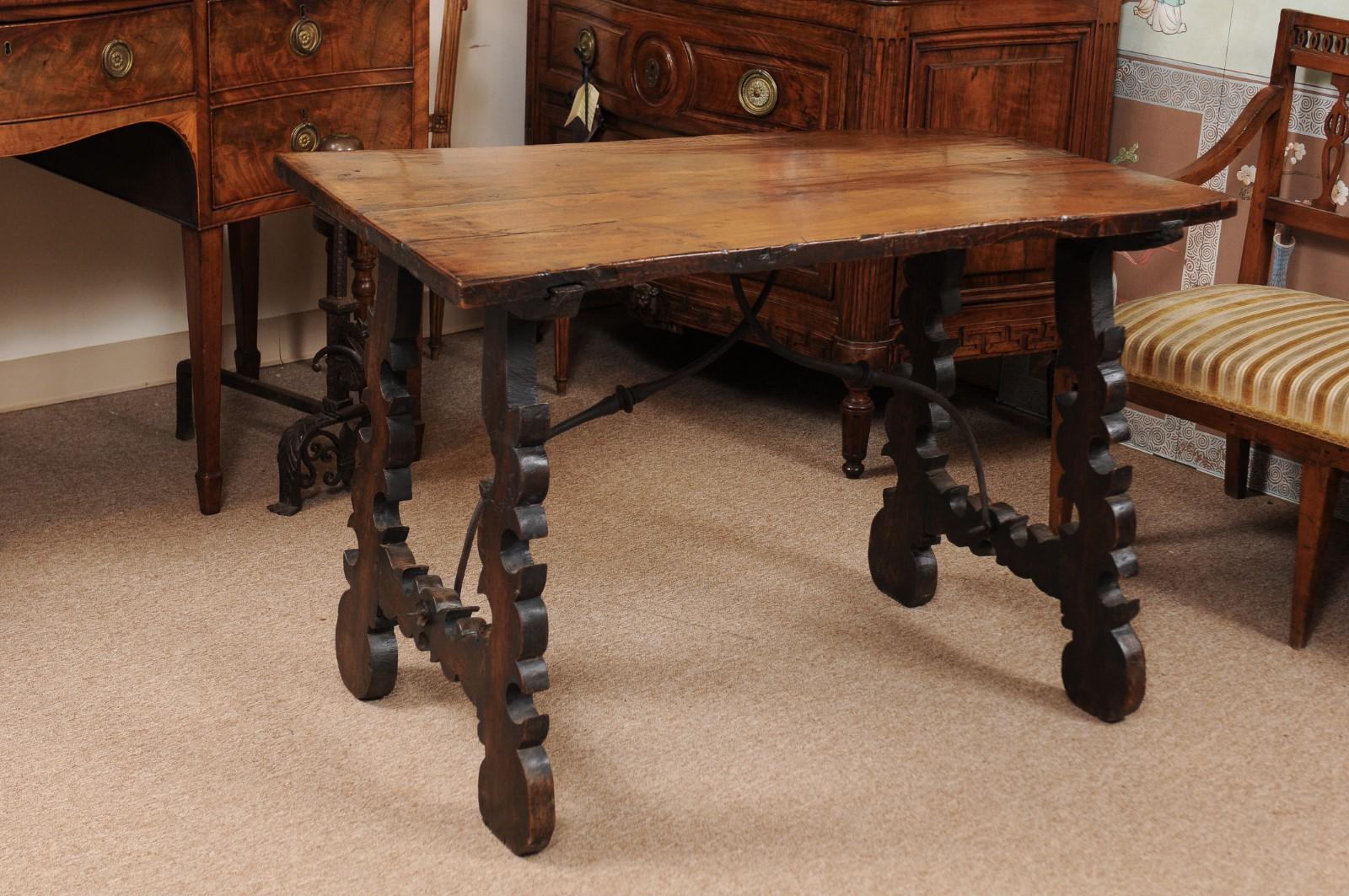 18th Century Continental Walnut Table with Lyre-Form Legs & Iron Stretcher For Sale 3