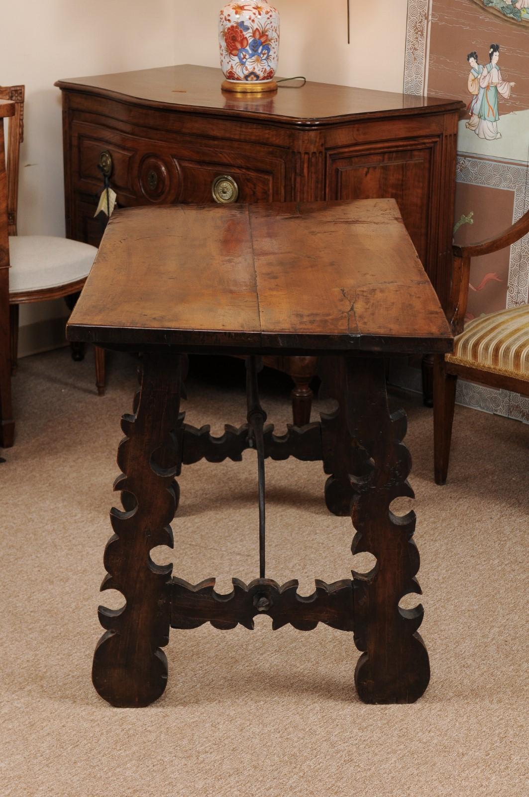 18th Century Continental Walnut Table with Lyre-Form Legs & Iron Stretcher For Sale 4