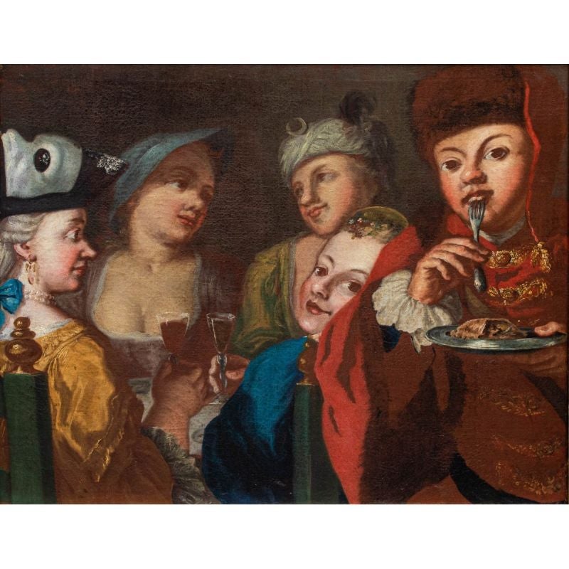 Attr. to Pietro Fabris (active in Naples, 1756 - 1792) Convivial scene

Oil on canvas, 63 X 75 cm

The canvas in question depicts a joyful banquet scene with characters dressed in traditional clothes typical of southern Italy, similar to Pietro