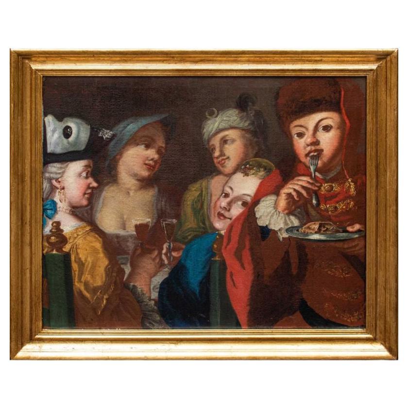 Peinture à l'huile sur toile de Pietro Fabris représentant une scène contemporaine du 18ème siècle