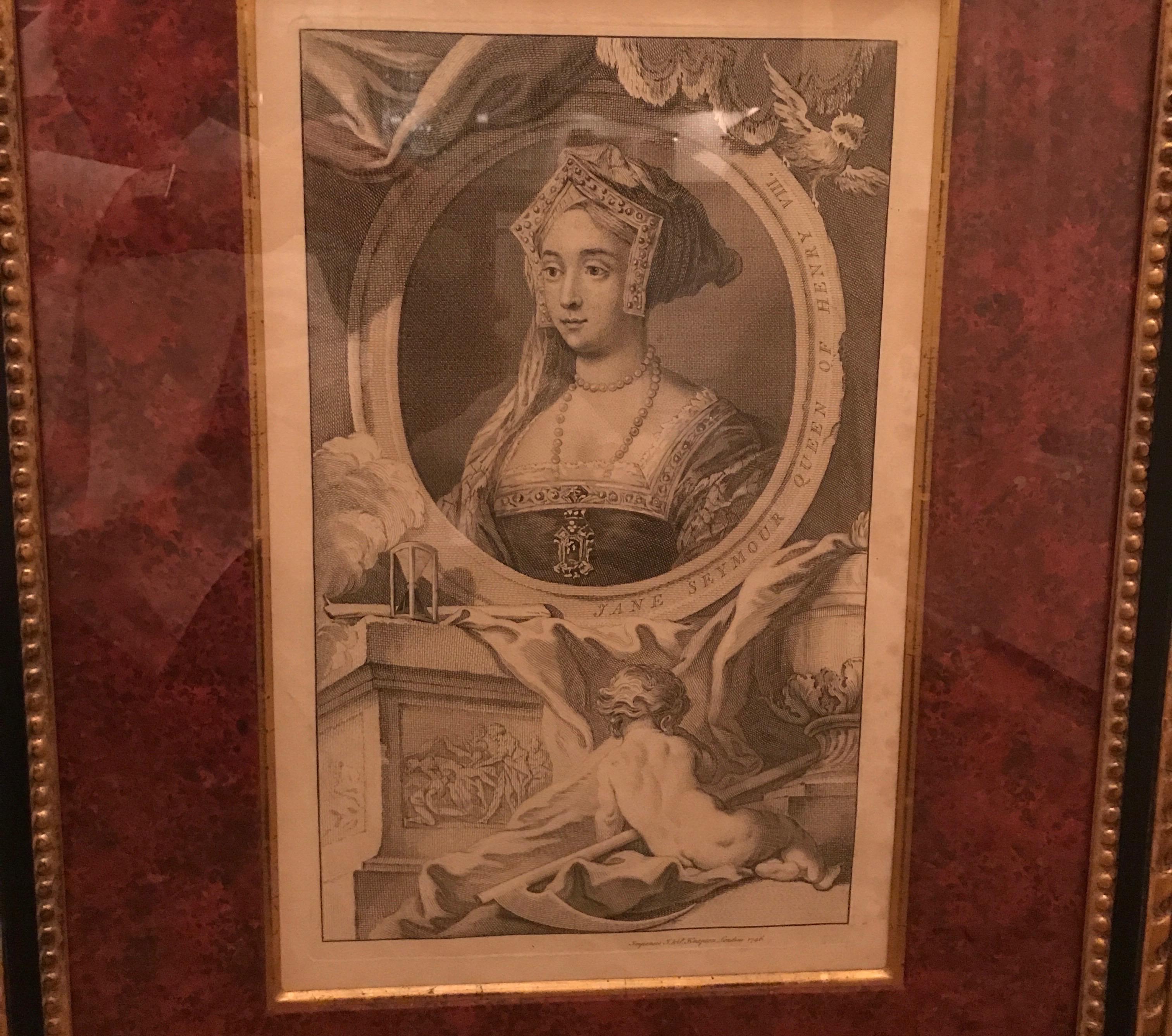 Ein wunderschön gerahmter Kupferstich aus dem 19. Jahrhundert von Königin Jane Seymour (1508-1537), der dritten Frau von Heinrich VIII. Gestochen von Jacobus Houbraken (1698-1780) für 