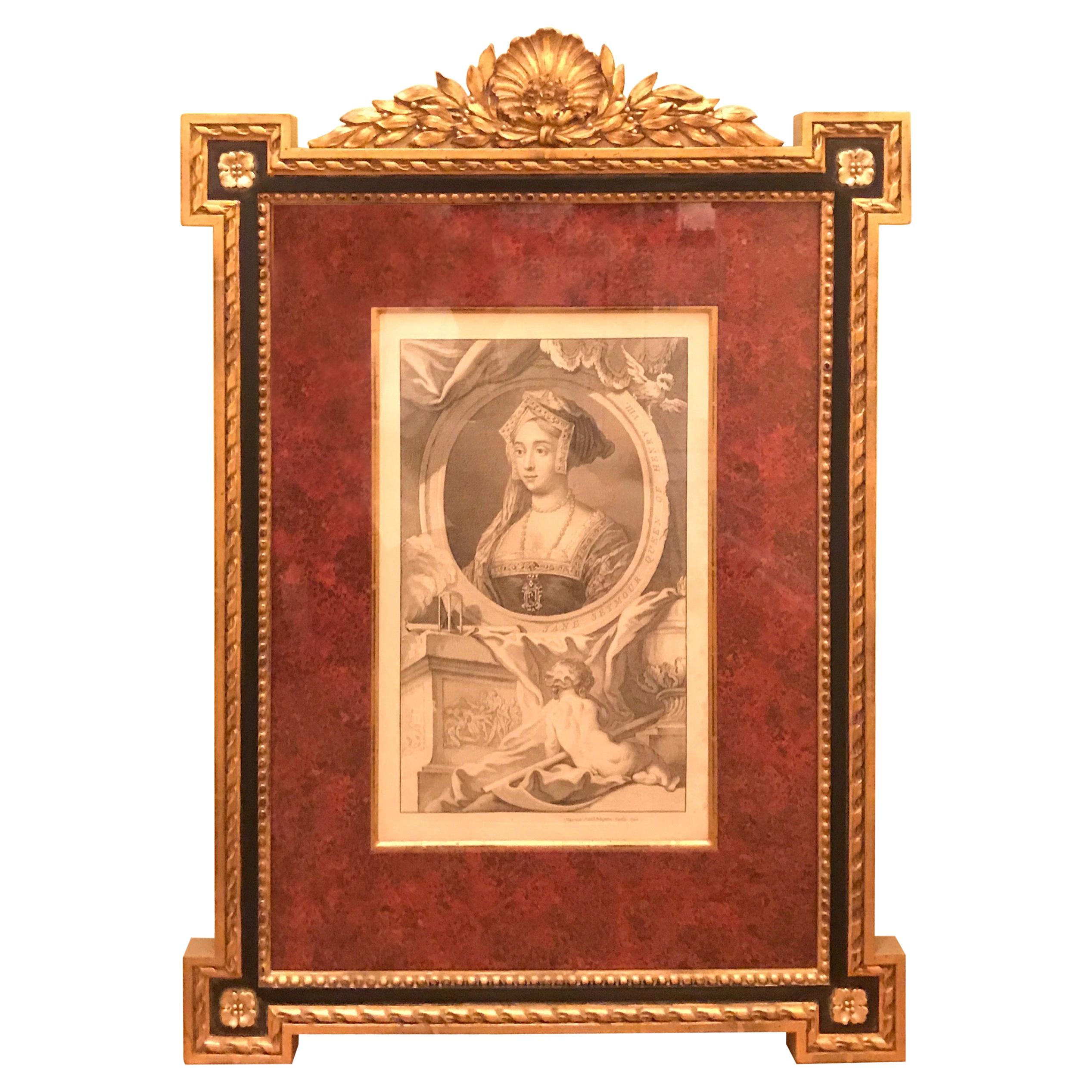 Gravure sur cuivre du 18ème siècle dans un cadre en bois doré publiée en 1746, Jane Seymour