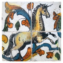 18th Century Copy Portuguese Four Tile Panel with Mythological Unicorn