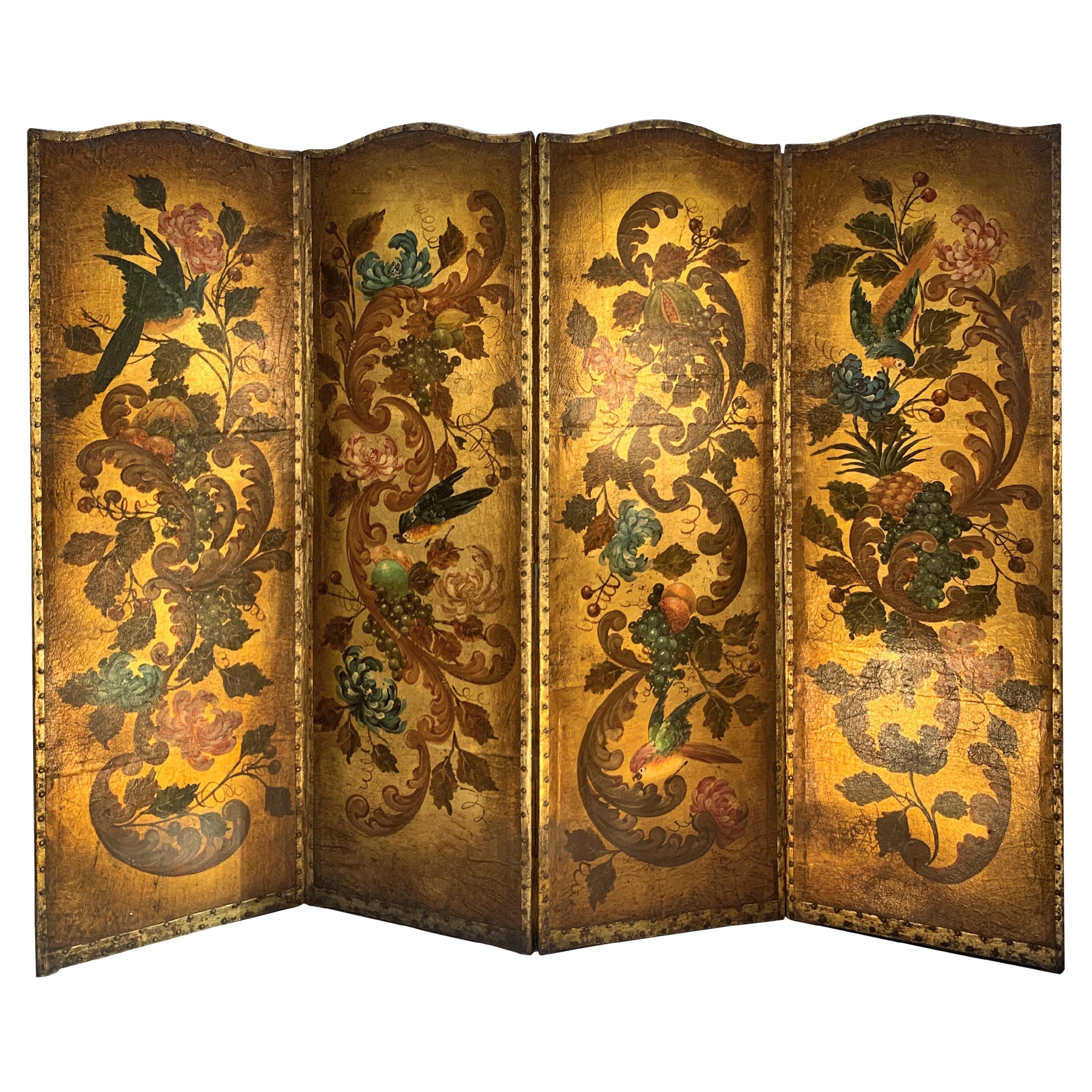 18th Century Cordoban Hand Painted & Gilt Embossed Leather Screen
