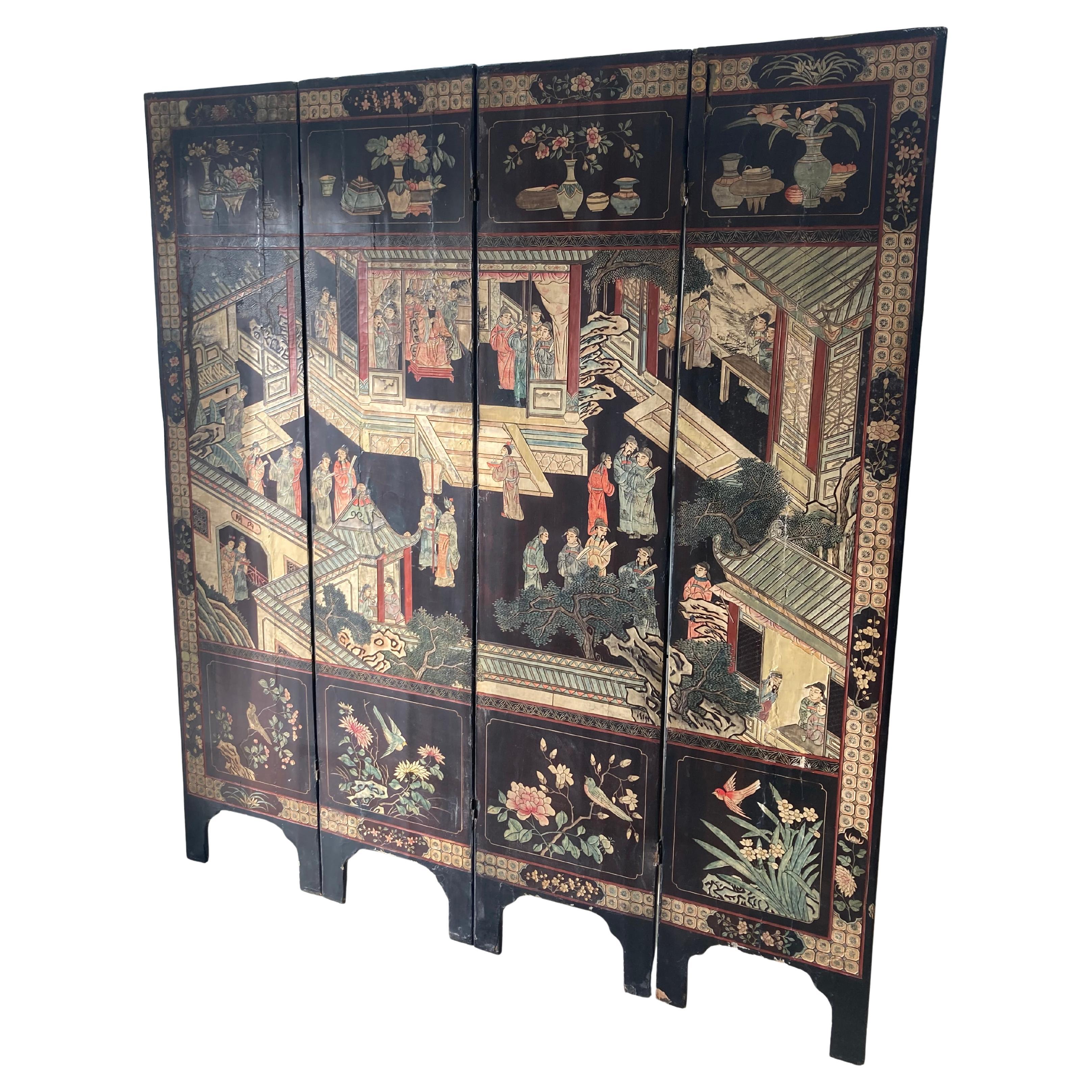 18th Century Coromandel 4 Panel Folding Screen 2 Sided Chinoiserie For Sale