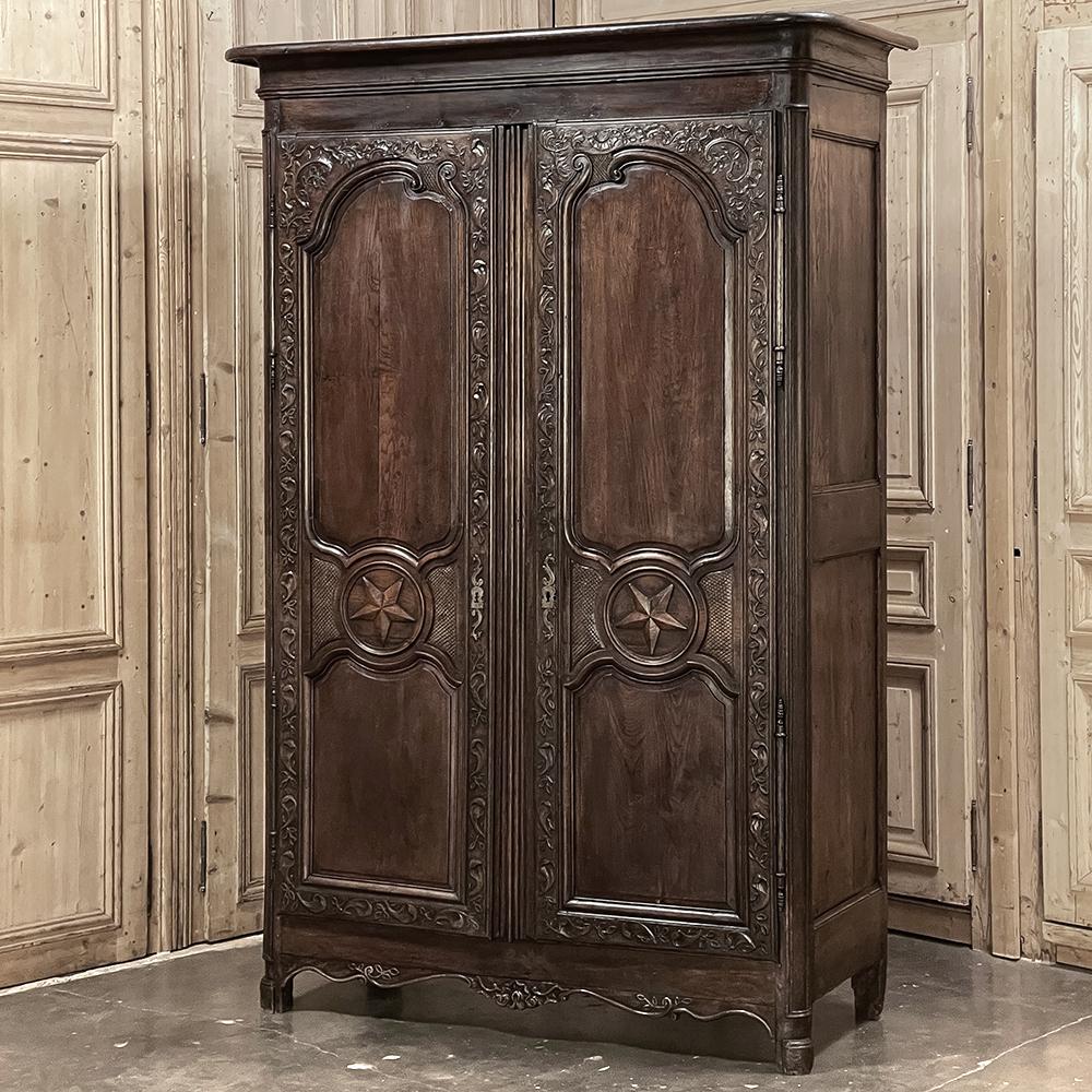 Neoclassical Revival 18th Century Country French Armoire with Carved Lone Stars For Sale