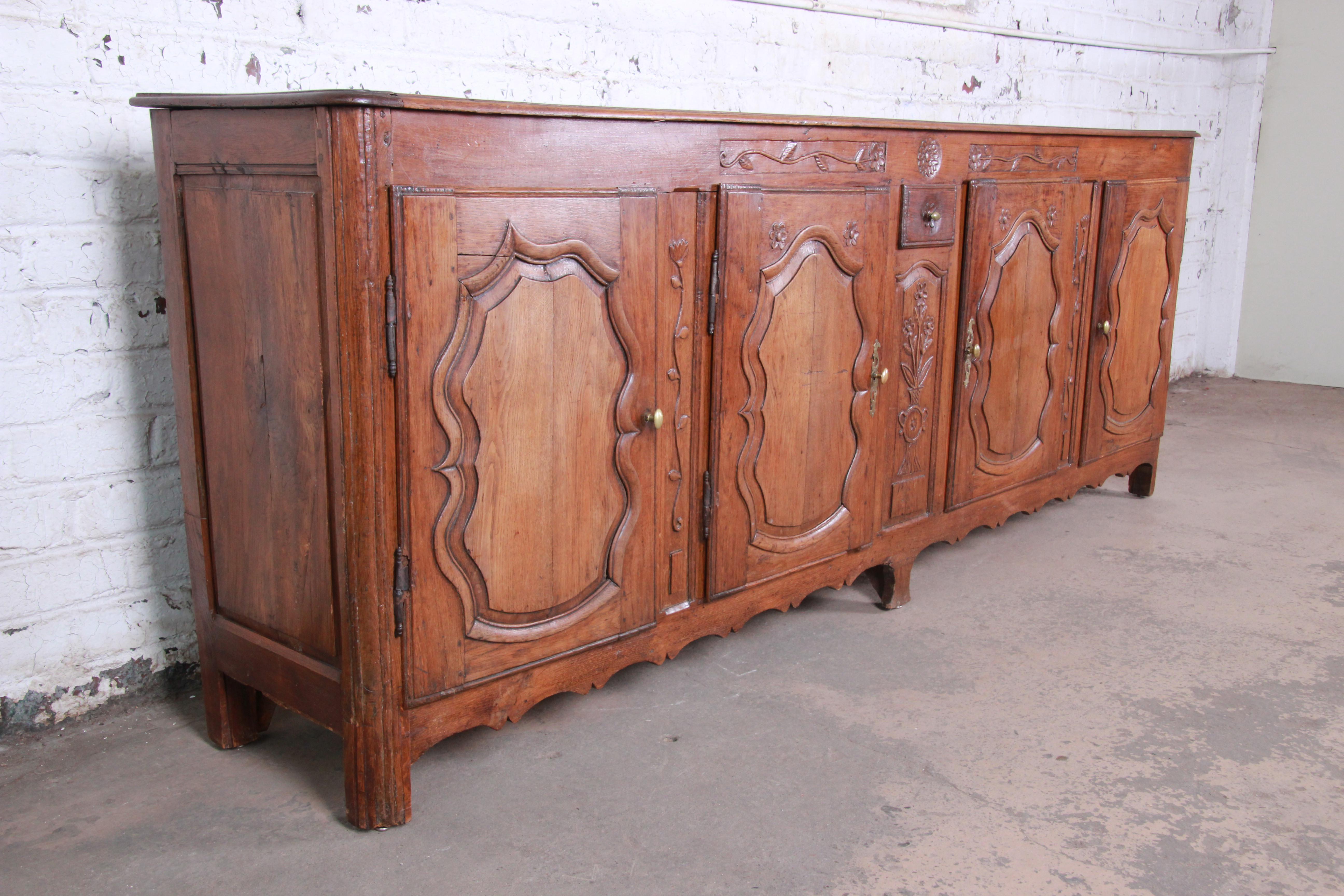French Provincial 18th Century Country French Carved Walnut Long Sideboard