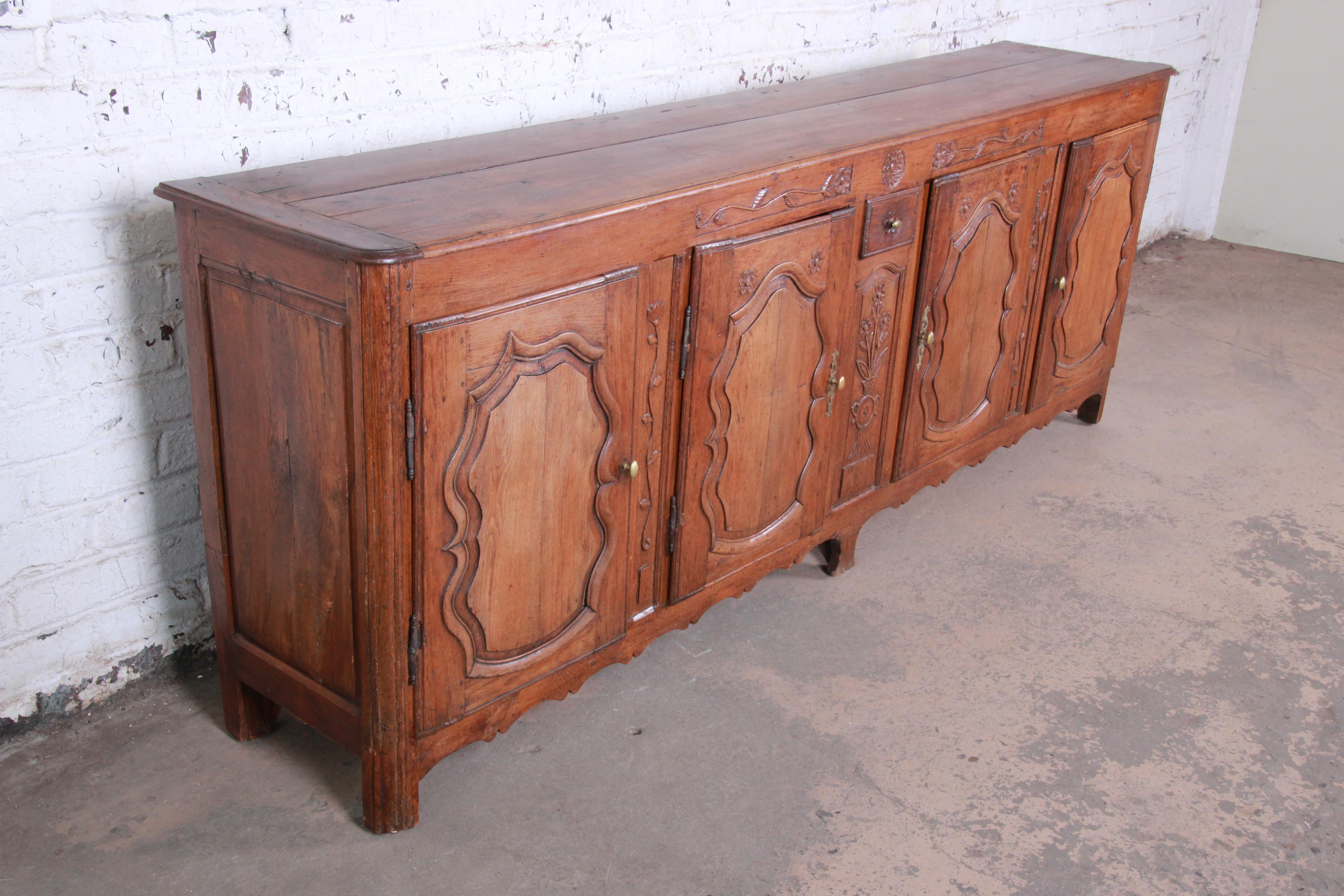 18th Century Country French Carved Walnut Long Sideboard In Good Condition In South Bend, IN