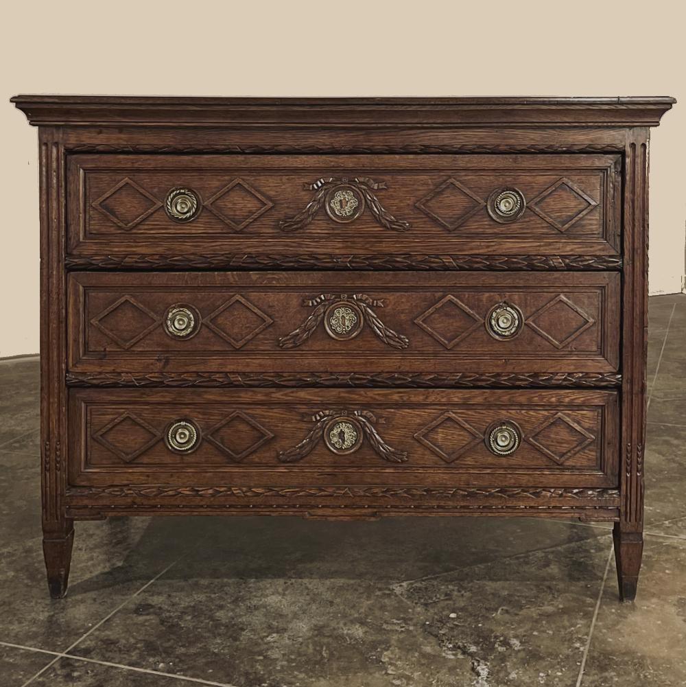 18th Century Country French Louis XVI Period Commode was hewn from solid planks of old-growth oak to literally last for centuries! The casework was crafted using pegged mortise & tenon joinery which is the most tried and true method utilized for