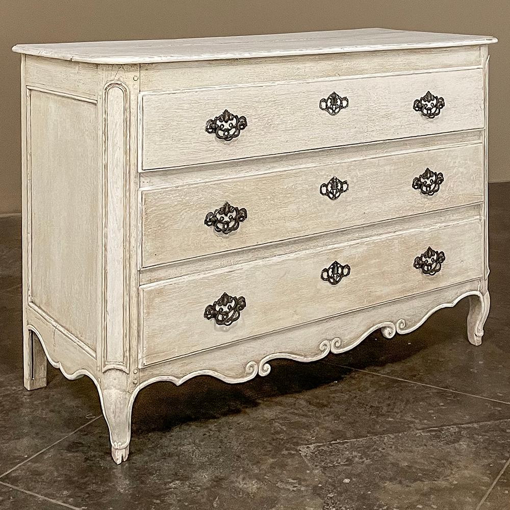 18th century Country French painted Commode features subtle rococo styling cues with the molded detail and the contoured apron with scrolled legs, but they are so subtle that this rendition would work in any transitional setting! Painted finish has