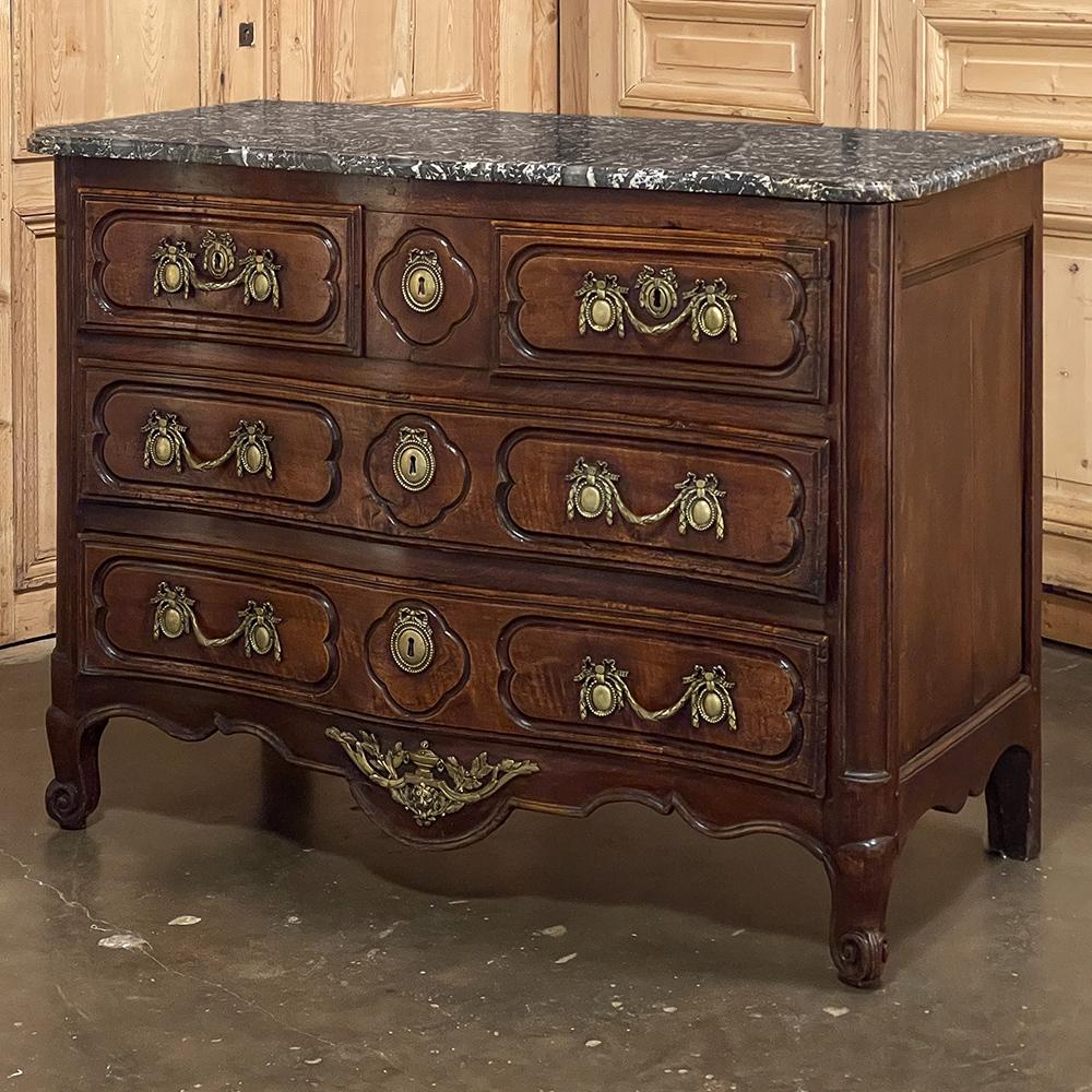 18th Century Country French Walnut Marble Top Commode ~ Chest of Drawers was considered a luxury during its era, when closets had yet to be invented and having lots of clothes was reserved for the more affluent.  Crafted from fine French walnut with