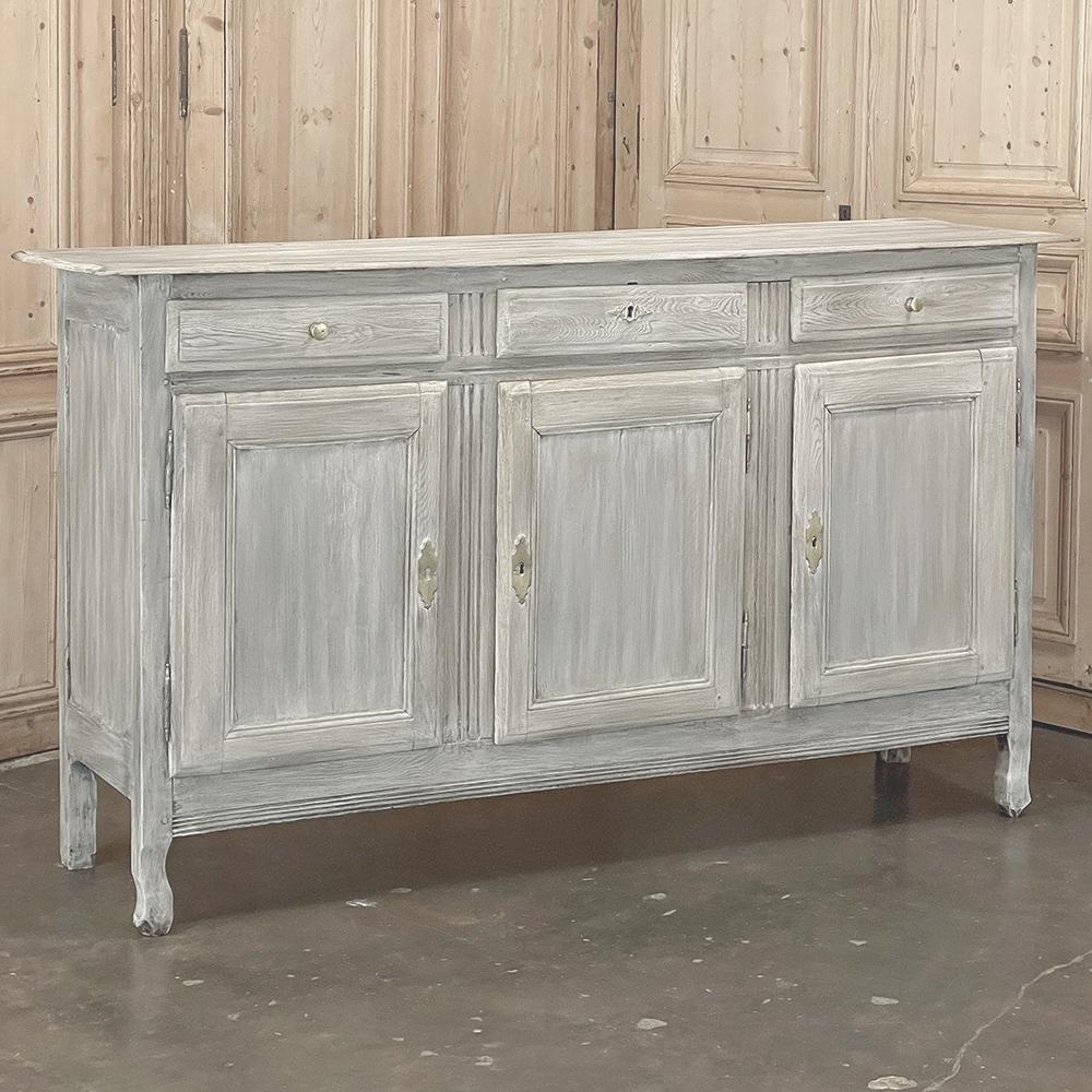 18th Century Country French Whitewashed Buffet ~ Enfilade is the ideal choice for a tailored, casual decor with the warmth of old-growth oak with a wash that brings out the light grays and whites.  Crafted entirely from solid planks and posts, it