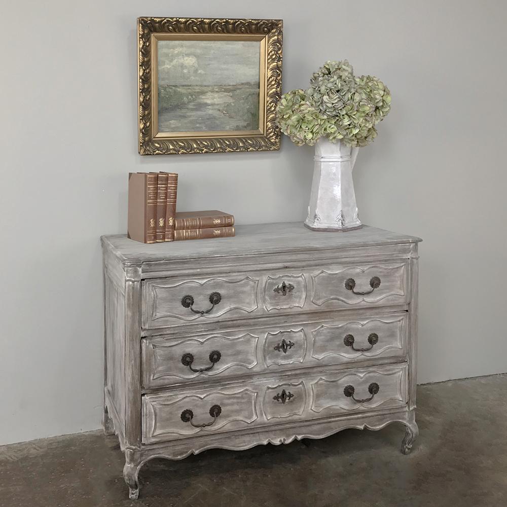 18th Century Country French Whitewashed Oak Commode was hand-crafted by rudimentary tools from solid, old-growth French white oak to last for centuries!  Crafted during the post Louis XVI period, it features a return to scrollwork adornment on the