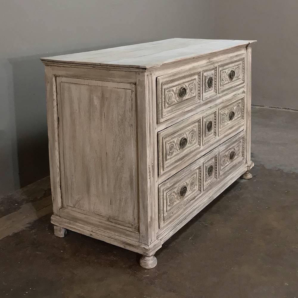 Hand-Carved 18th Century Country French Whitewashed Louis XVI Commode