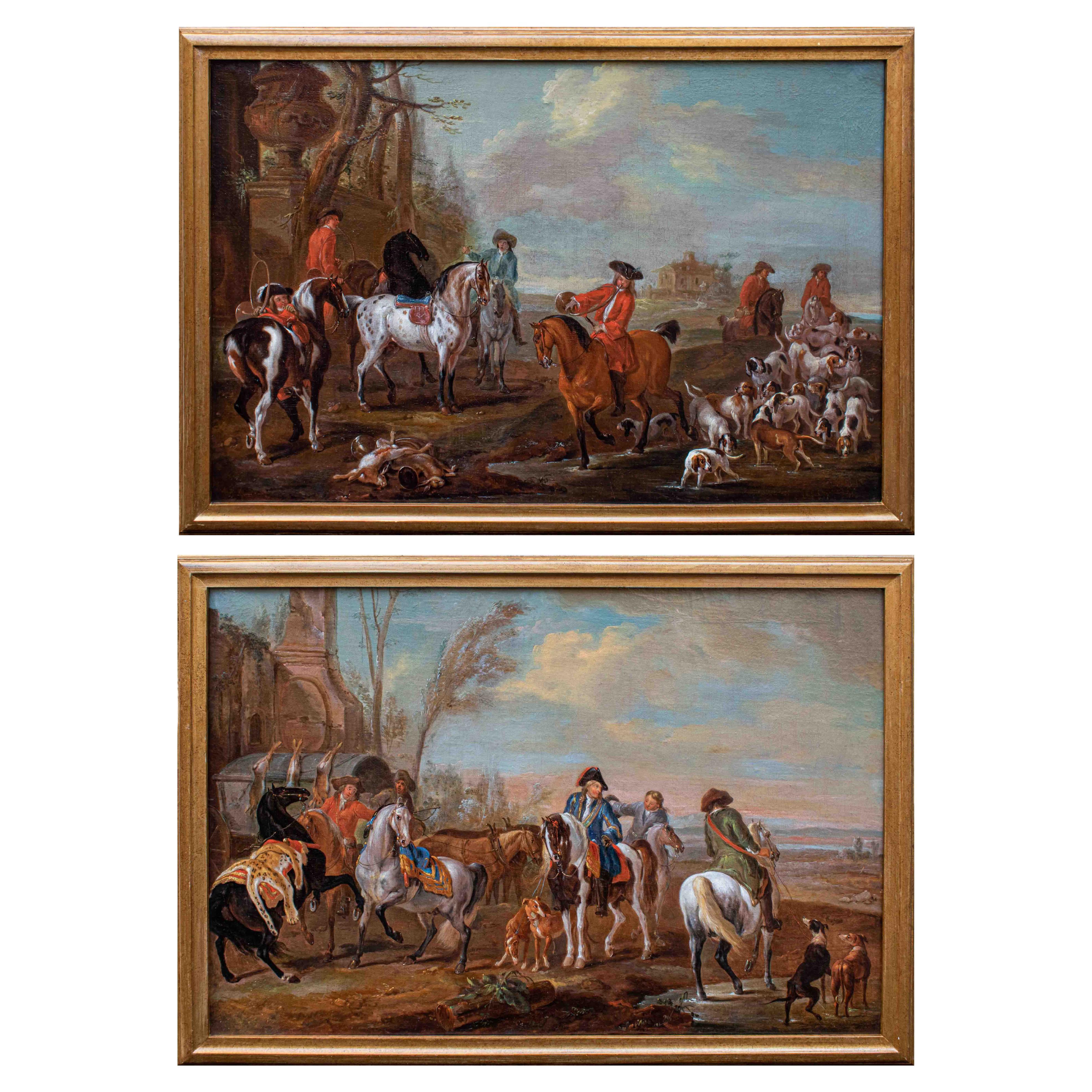 18th Century Couple of Hunting Scenes Oil on canvas by Follower of  Verdussen For Sale at 1stDibs