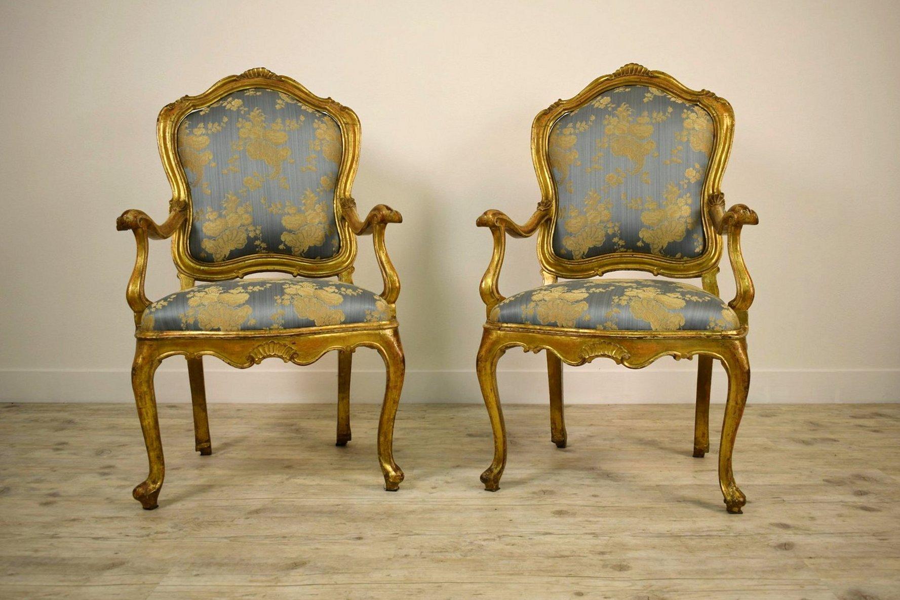 Rococo 18th Century Couple of Italian Giltwood Armchairs For Sale