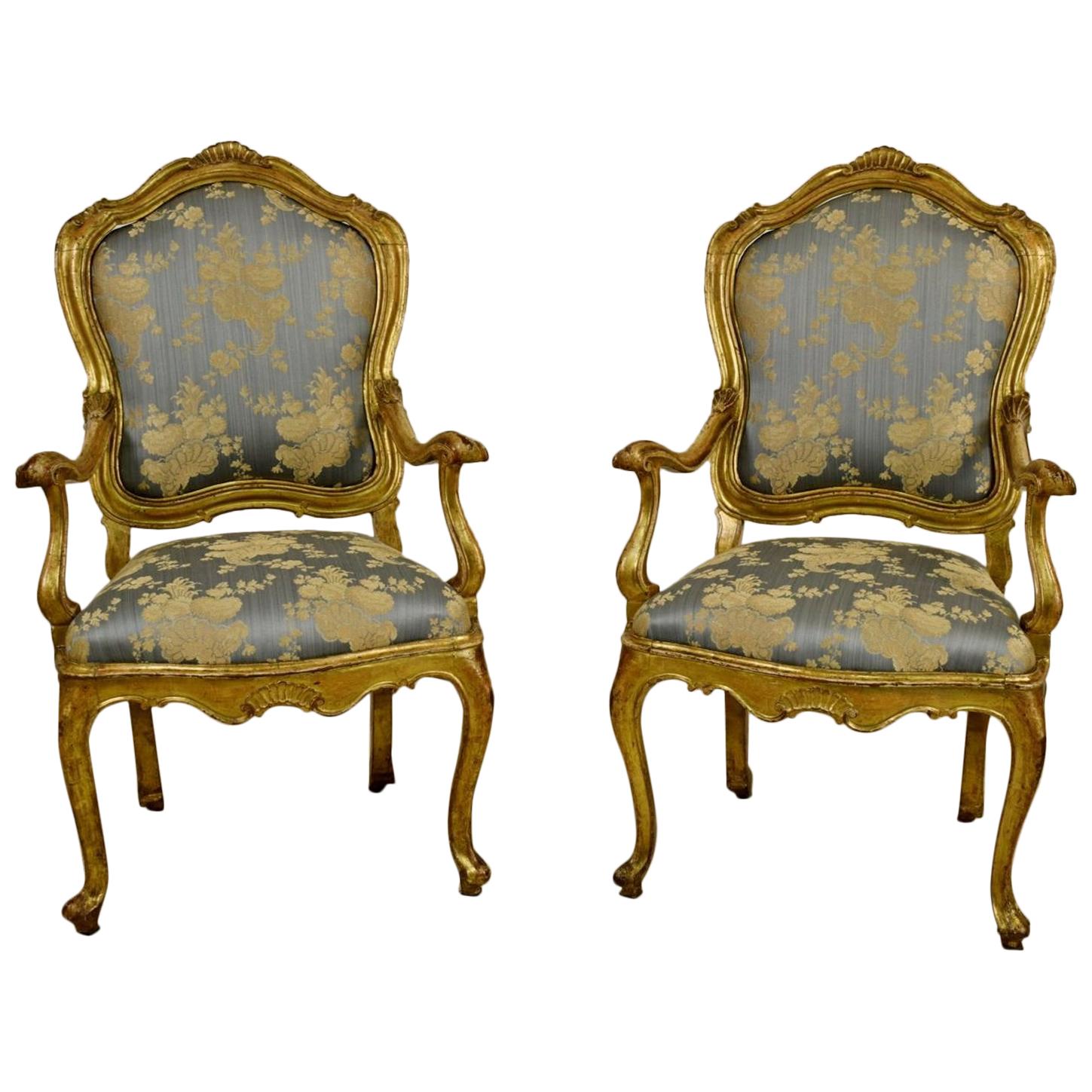 18th Century Couple of Italian Giltwood Armchairs